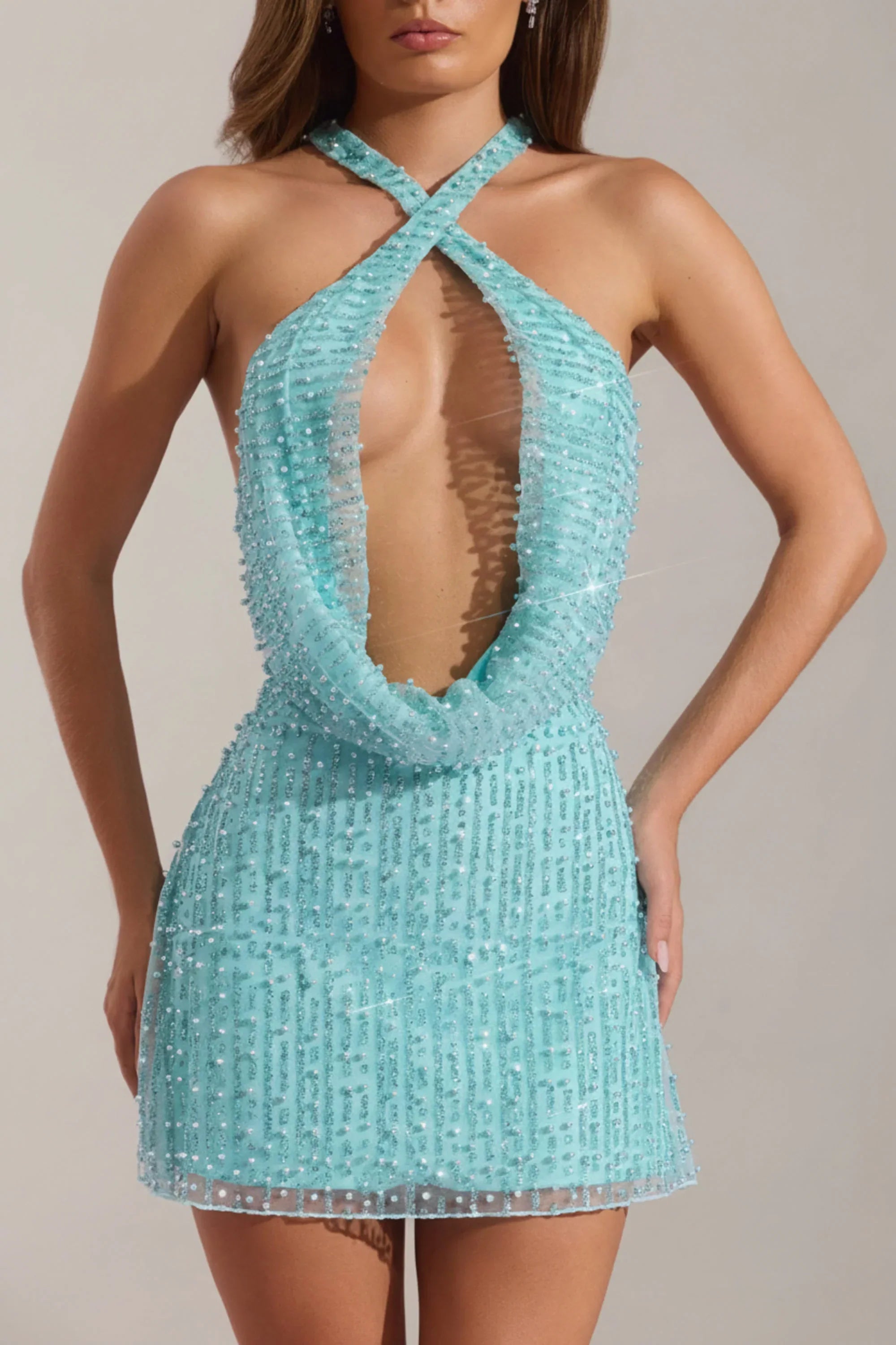 Embellished Cowl Neck Backless Mini Dress in Aqua Blue