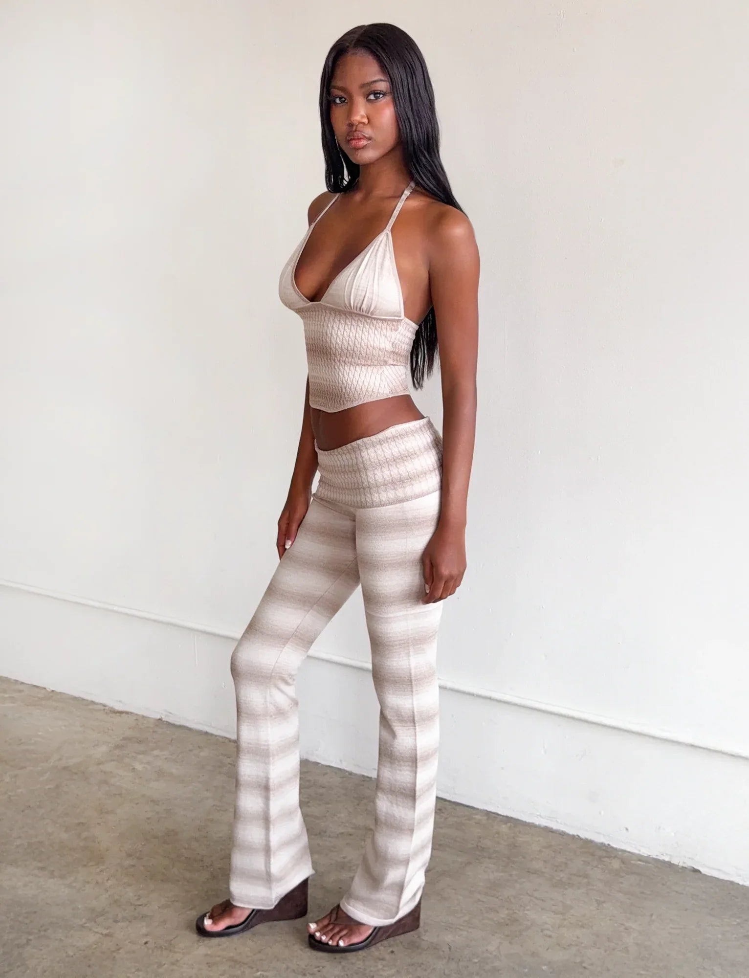 MARISSA FOLDOVER KNIT PANT TAUPE OMBRE STRIPE