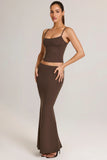 Modal Mid Rise Fishtail Maxi Skirt in Chocolate Brown