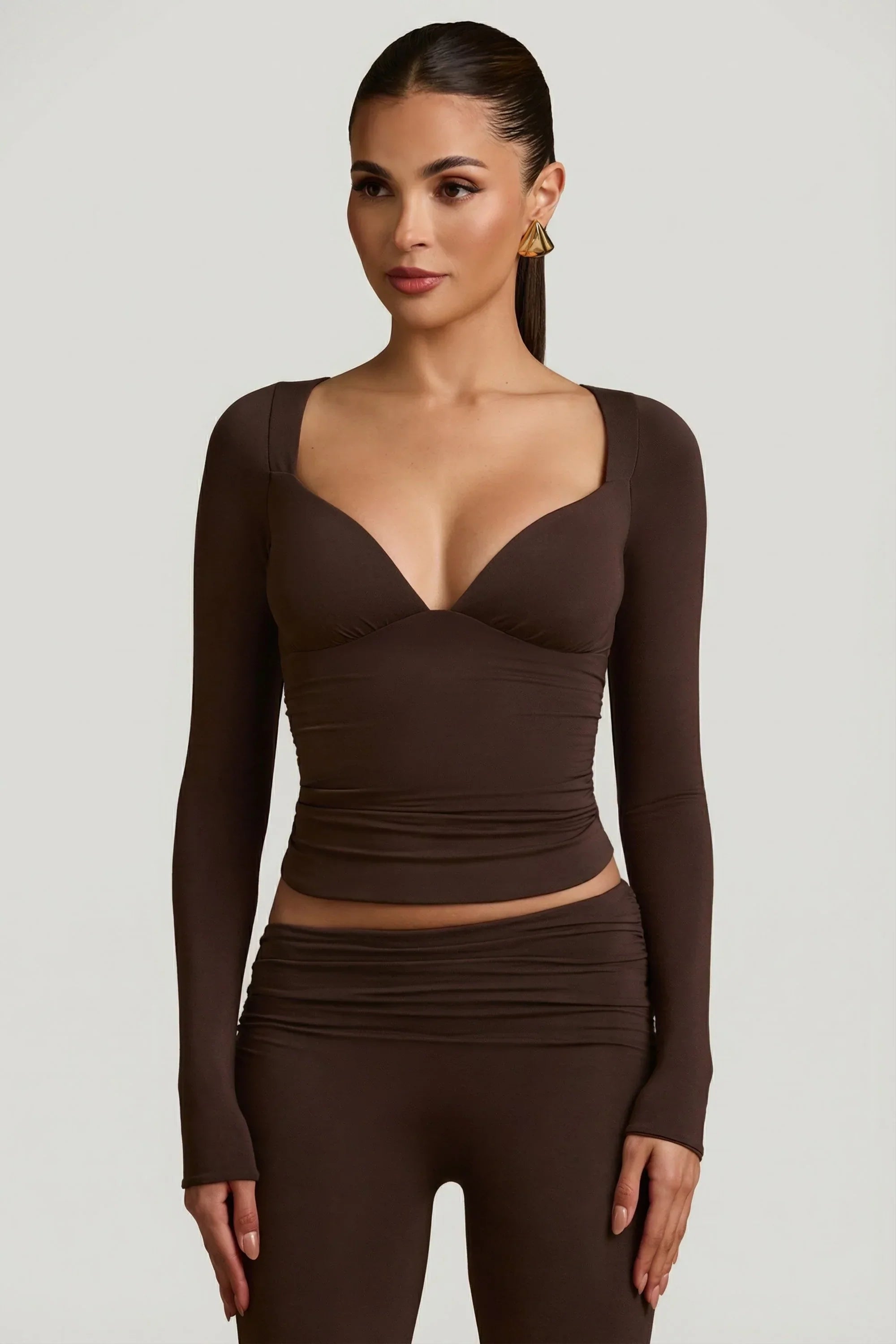 Modal Ruched Long Sleeve Top in Chocolate Brown