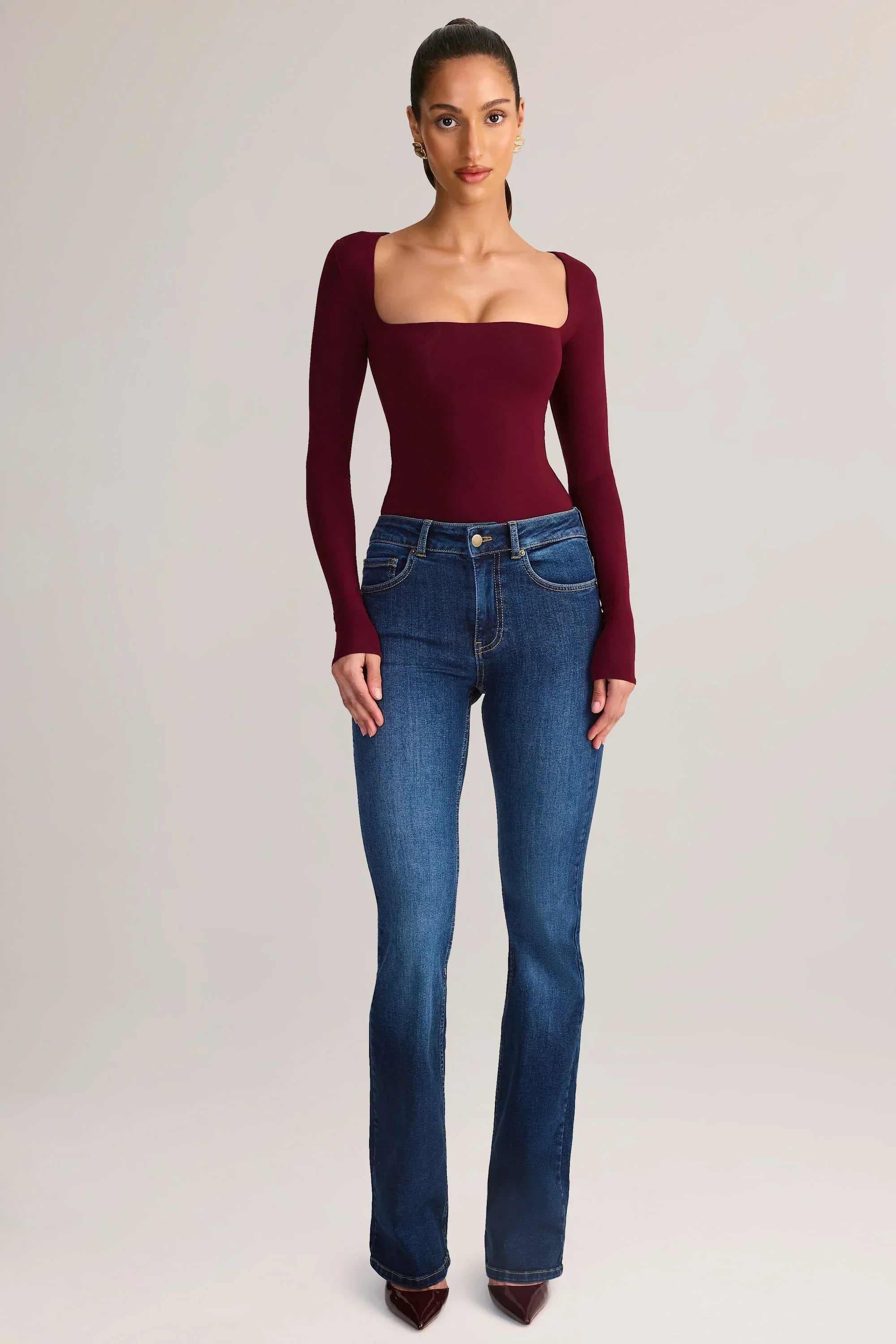 Modal Square Neck Long Sleeve Top in Wine