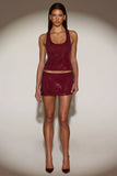Embellished Mid Rise A Line Mini Skirt in Burgundy