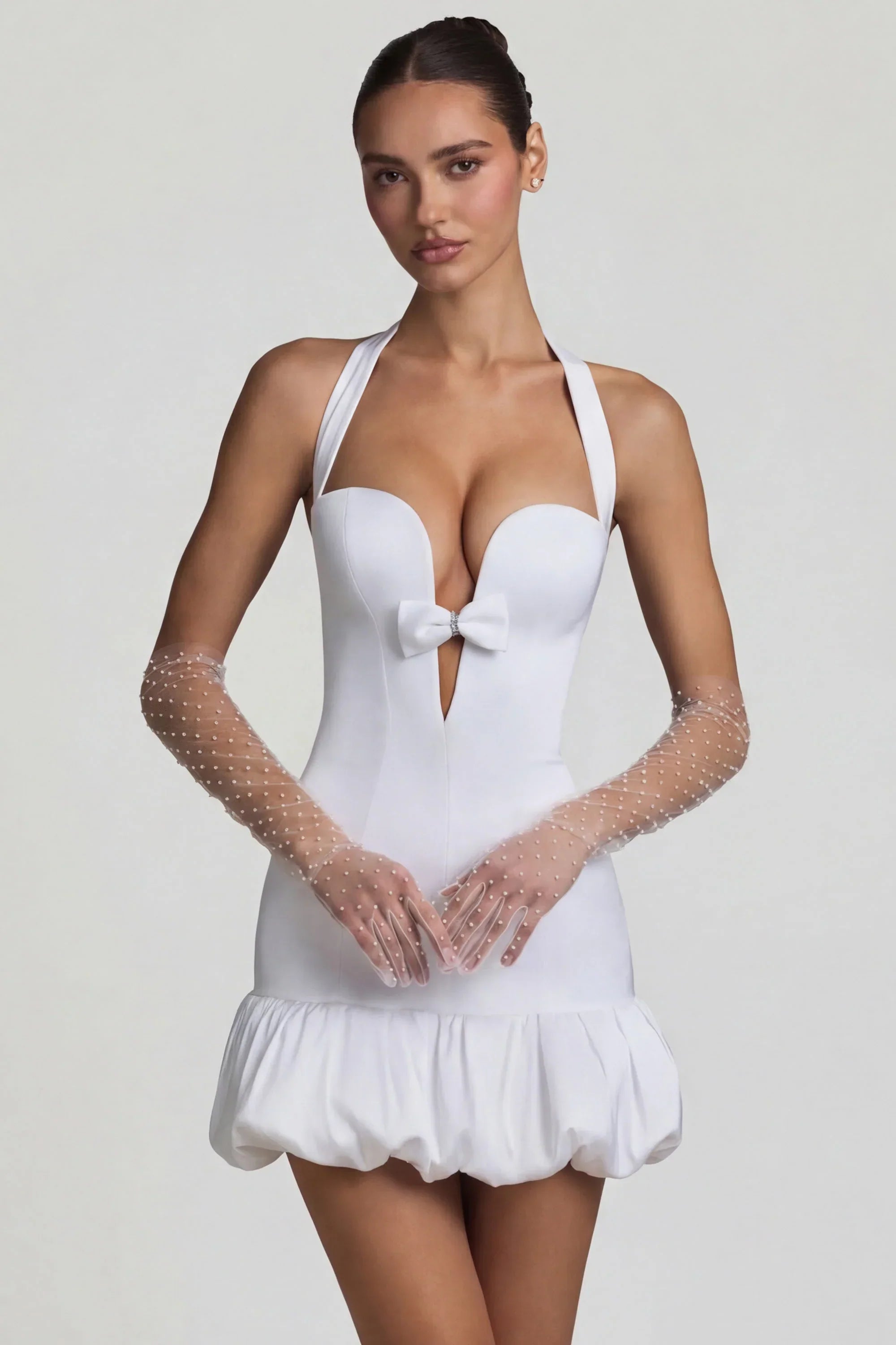 Bow Detail Halterneck Bubble Hem Mini Dress in White