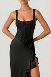Embellished Ruffle Trim Corset Gown in Black