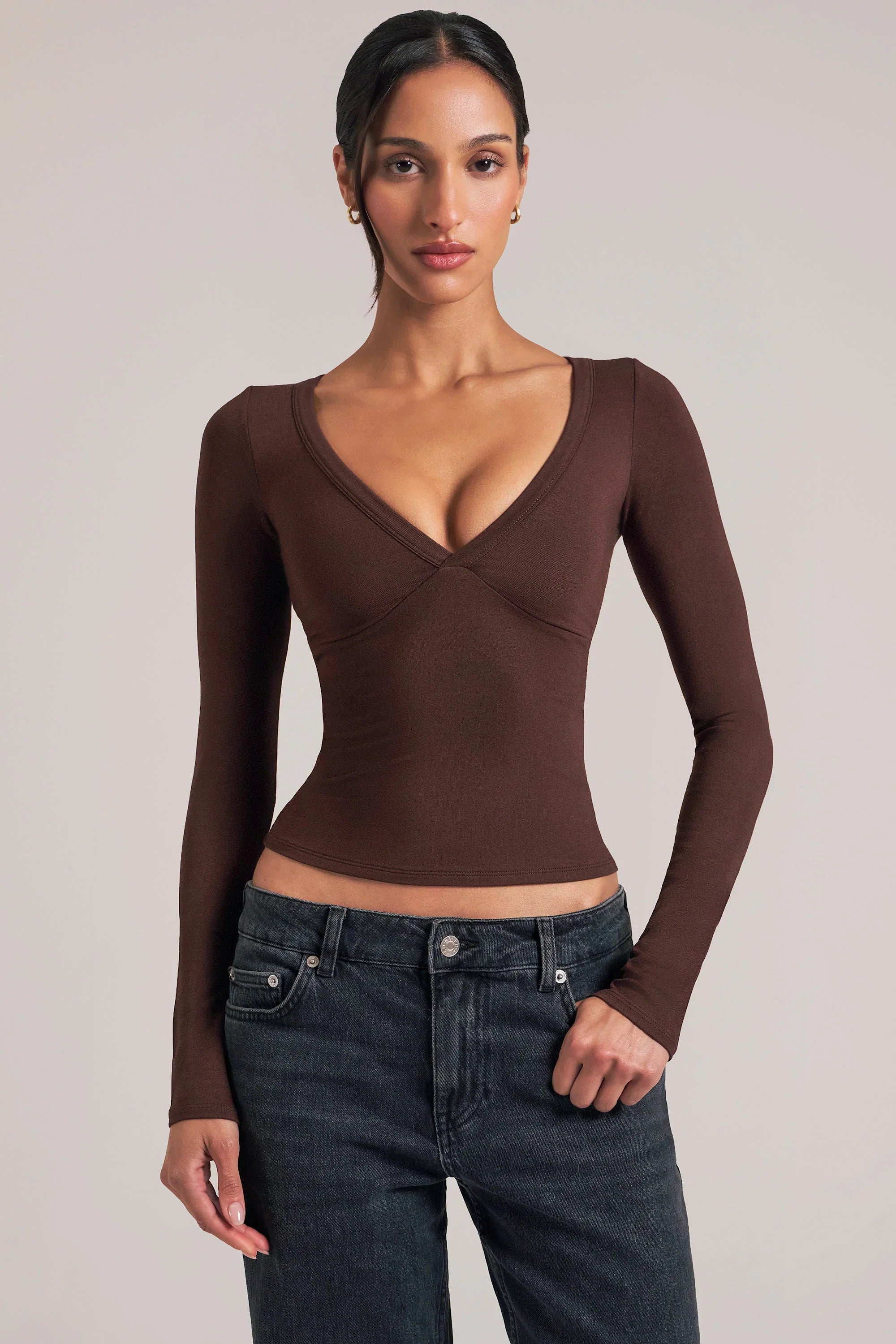 V Neck Long Sleeve Top in Chocolate Brown
