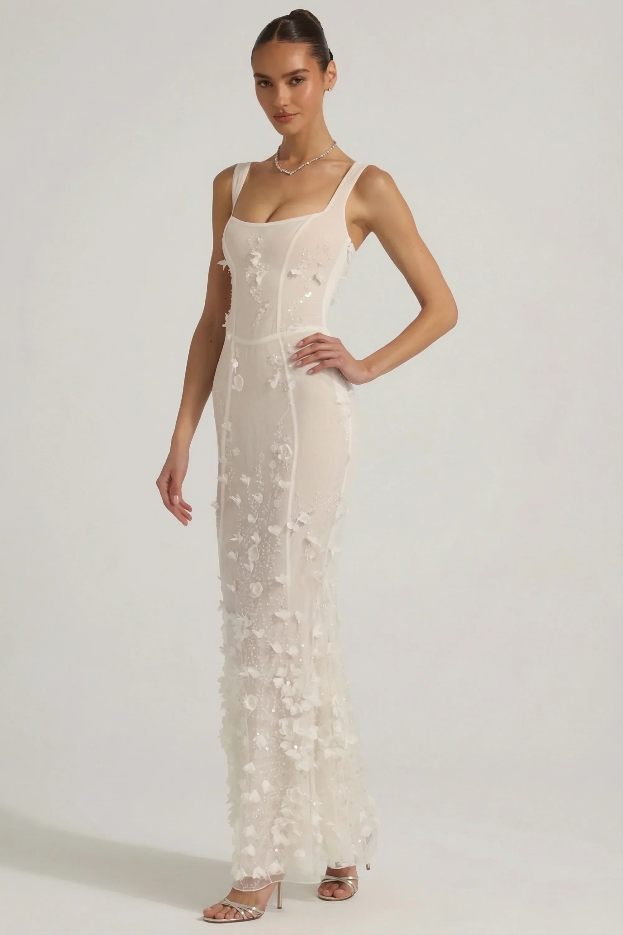 Embellished Appliqué Soft Scoop Corset Gown in White