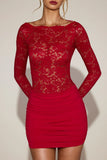 Sheer Lace Boat Neck Mini Dress in True Red
