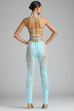 Petite Embellished Mid Rise Flared Trousers in Ice Blue