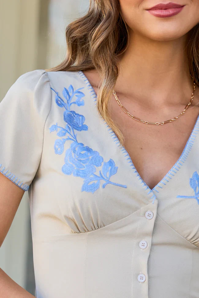 Emberlyn Tan Rose Embroidered Dress