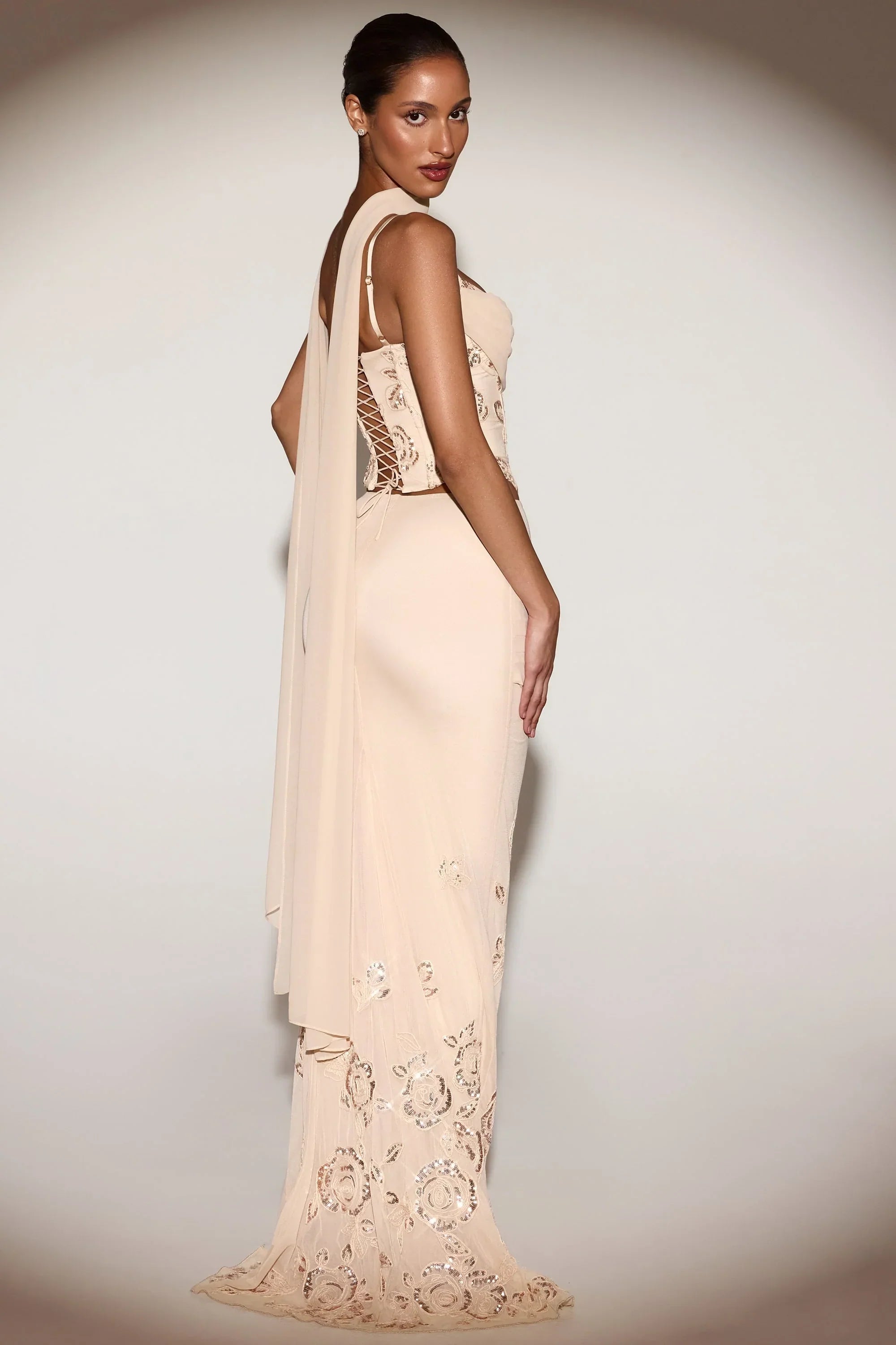 Embellished Draped Mid Rise Gown Skirt in Gold