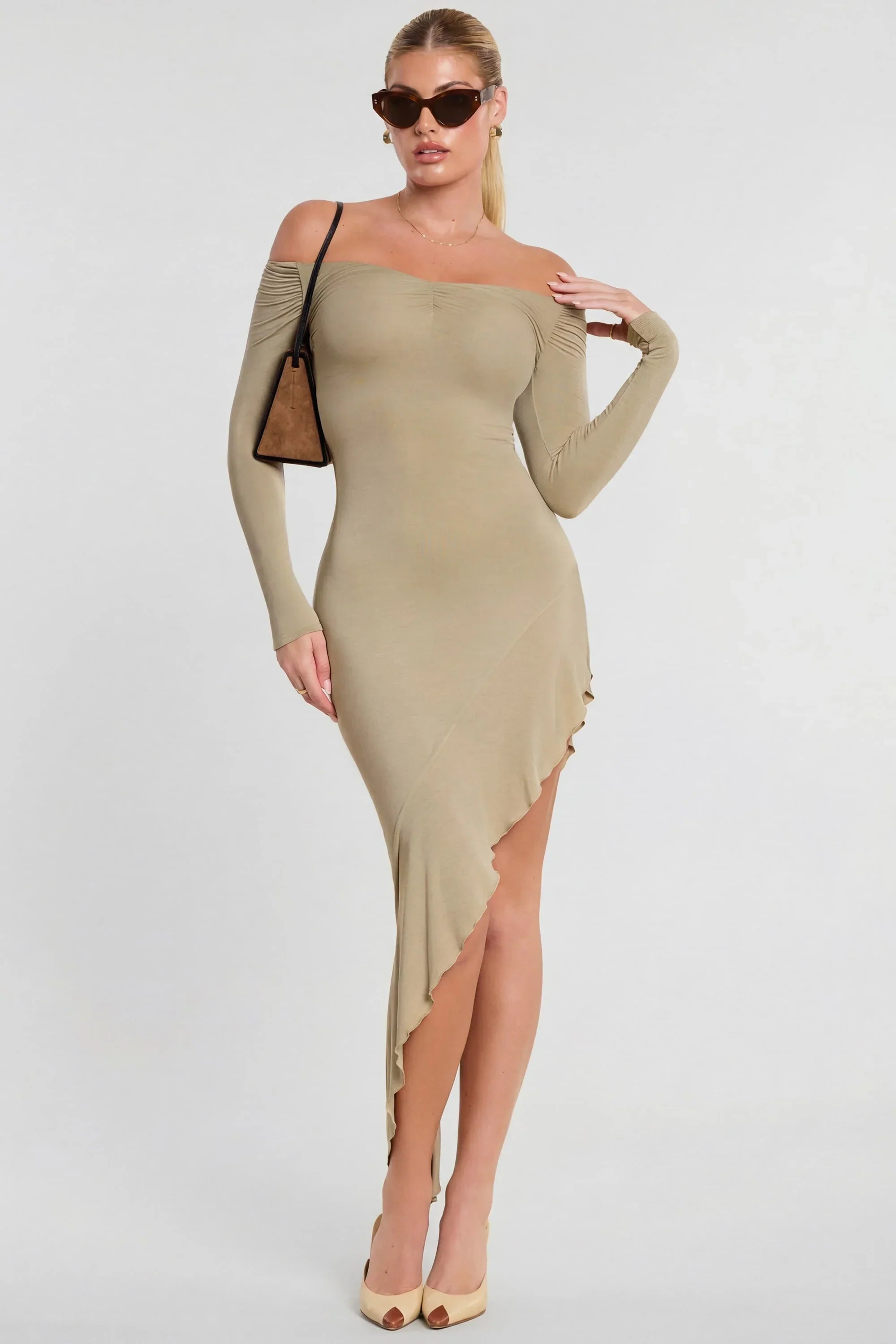 Long Sleeve Off The Shoulder Modal Cashmere Blend Maxi Dress in Taupe
