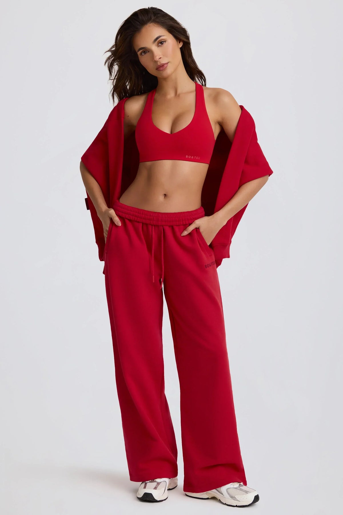 Soft Cotton Jersey Mid Rise Wide Leg Joggers in Hot Red