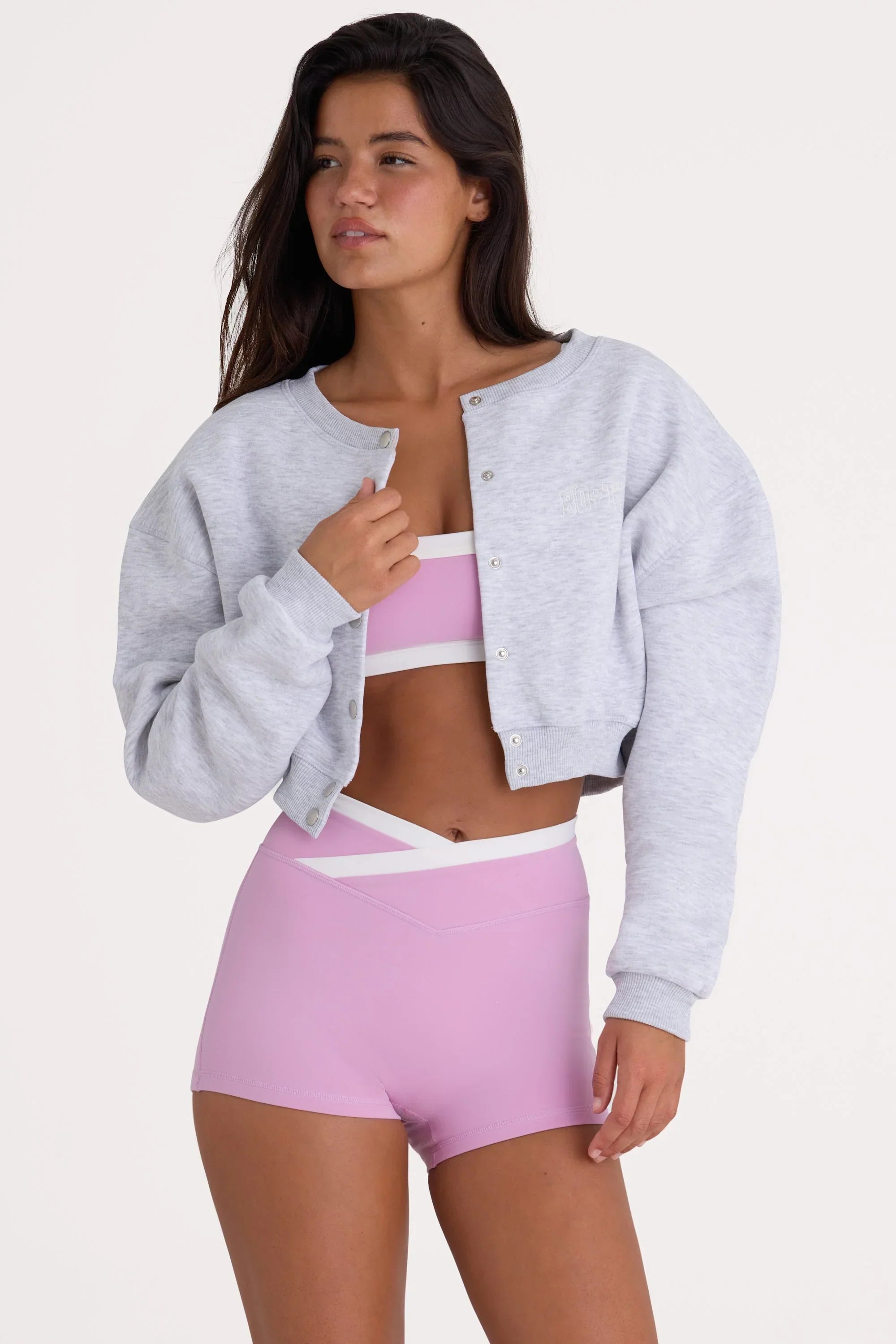 Brushed Jersey Button Up Cropped Cardigan in Grey Marl