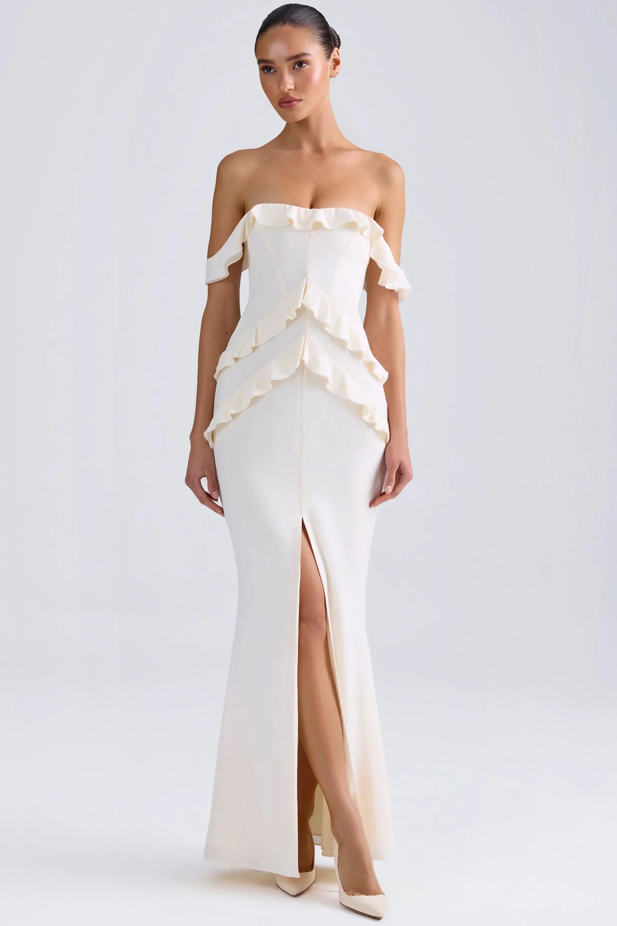 Off Shoulder Ruffle Trim Gown in Ivory