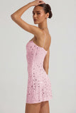 Sheer Embellished Square Neck Mini Dress in Pink