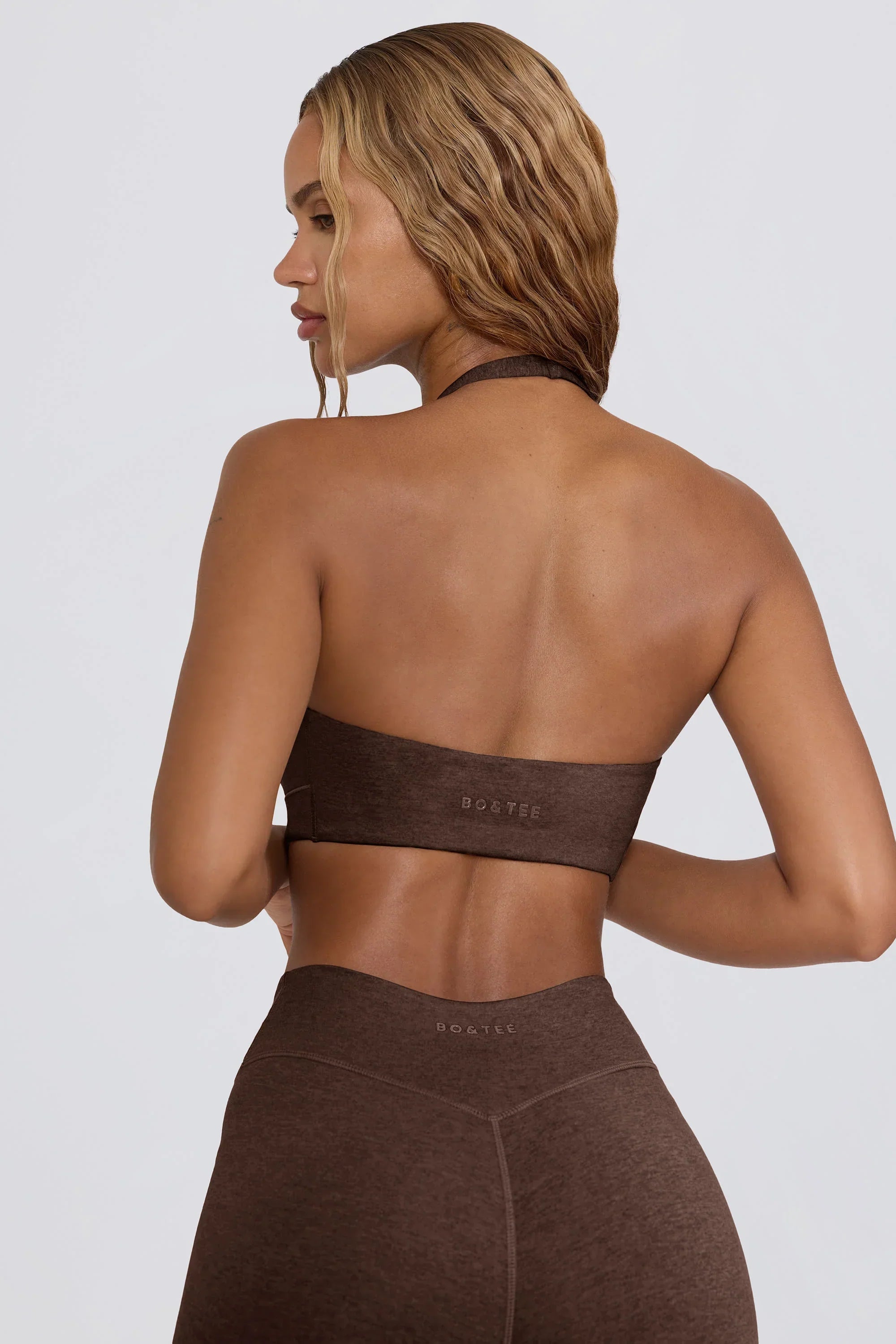 Brushed Jersey V Neck Sports Bra in Pecan Marl