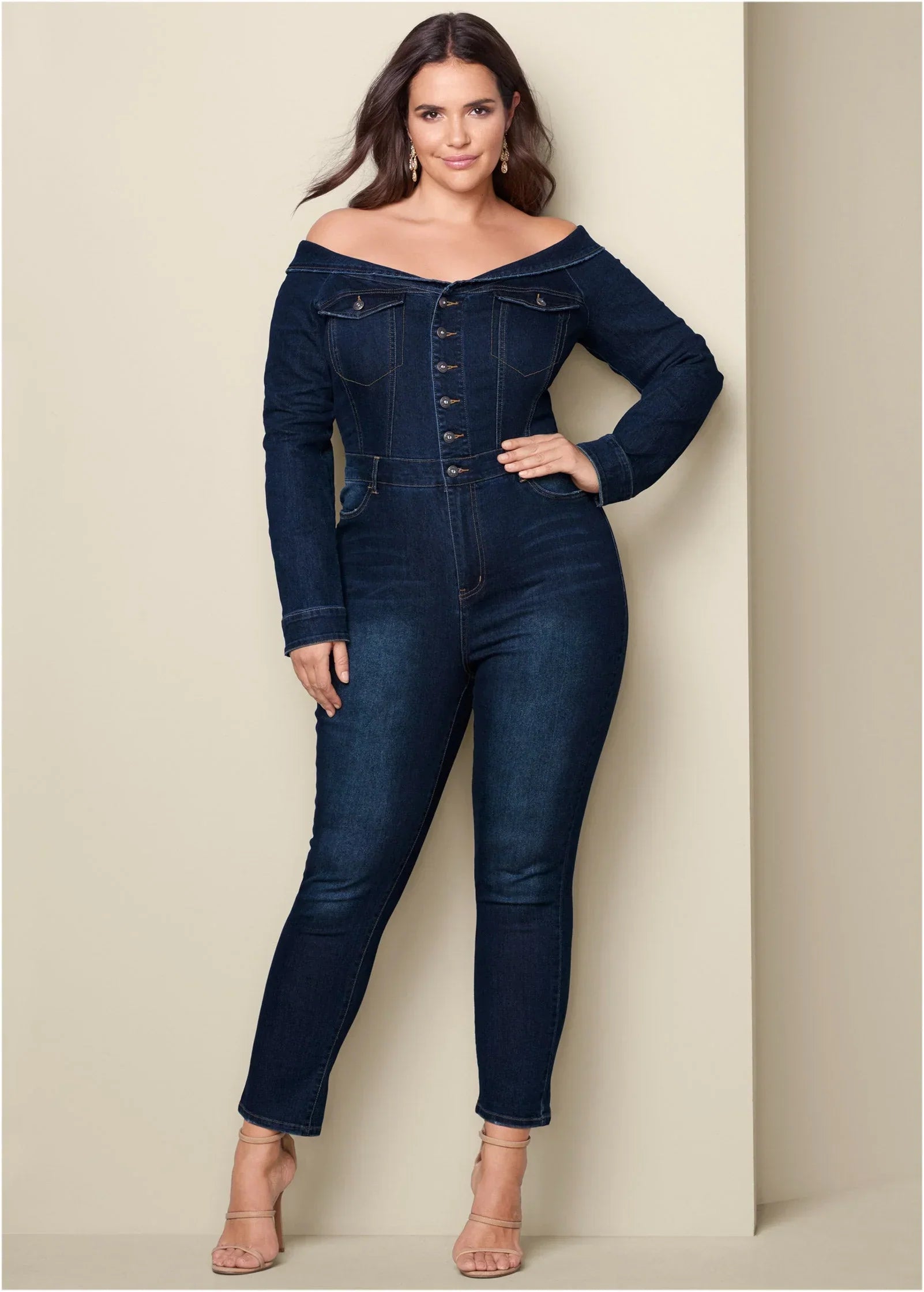 Off The Shoulder Denim Jumpsuit Dark Wash