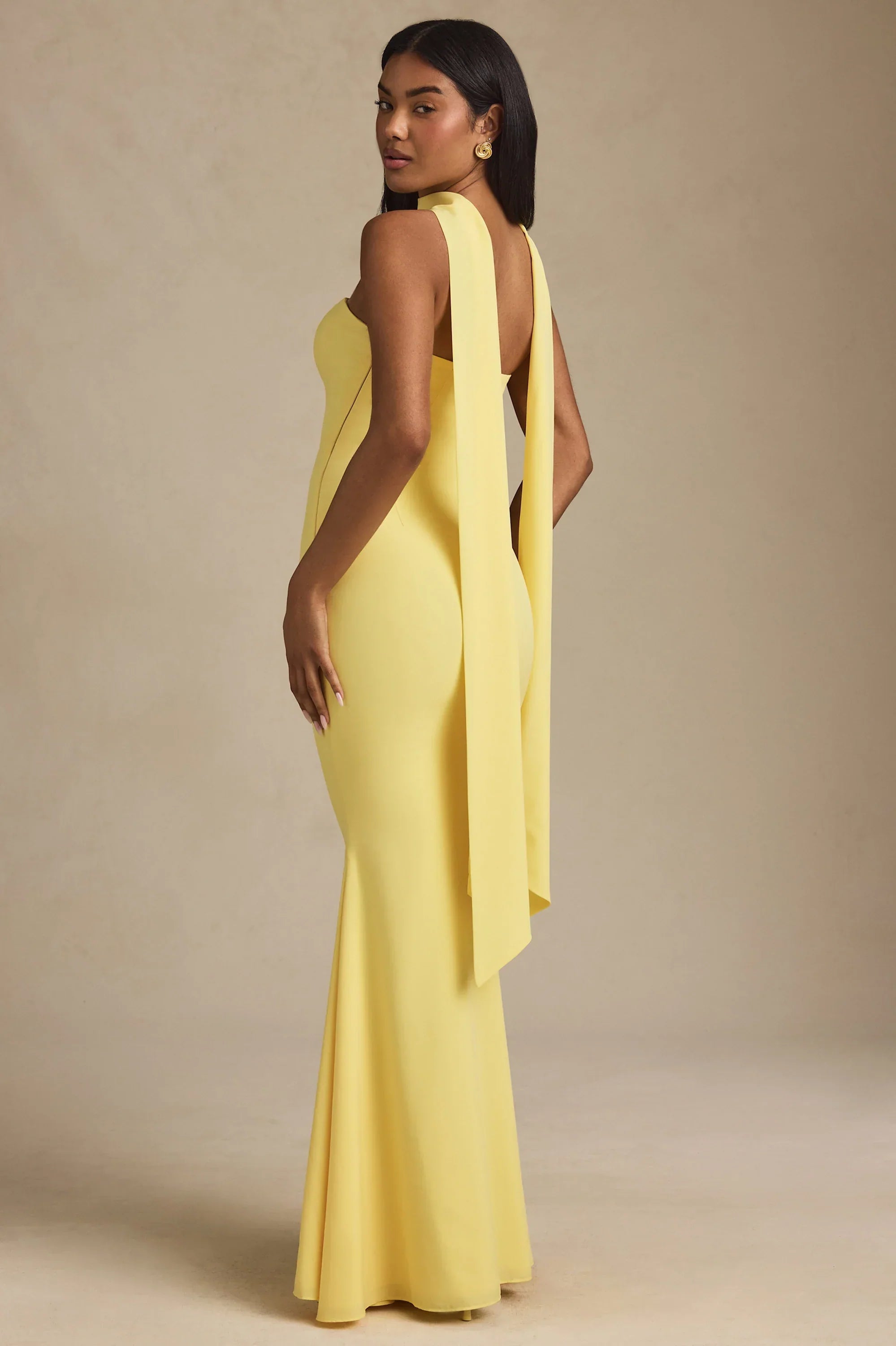 Scarf Detail Strapless Gown in Pastel Yellow