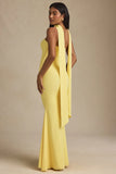 Scarf Detail Strapless Gown in Pastel Yellow