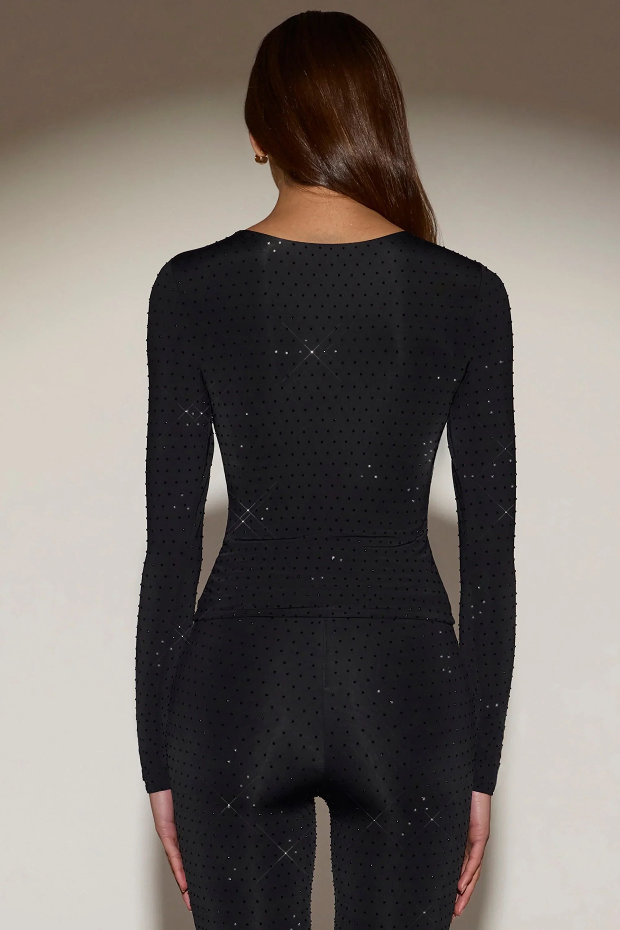 Embellished Crew Neck Long Sleeve Top in Black