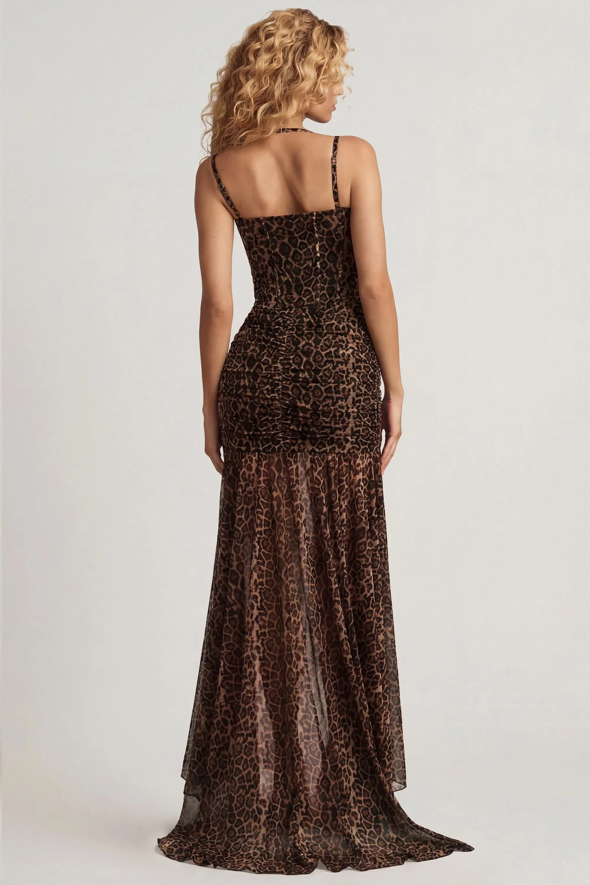 Ruched Asymmetric Corset Gown in Leopard Print