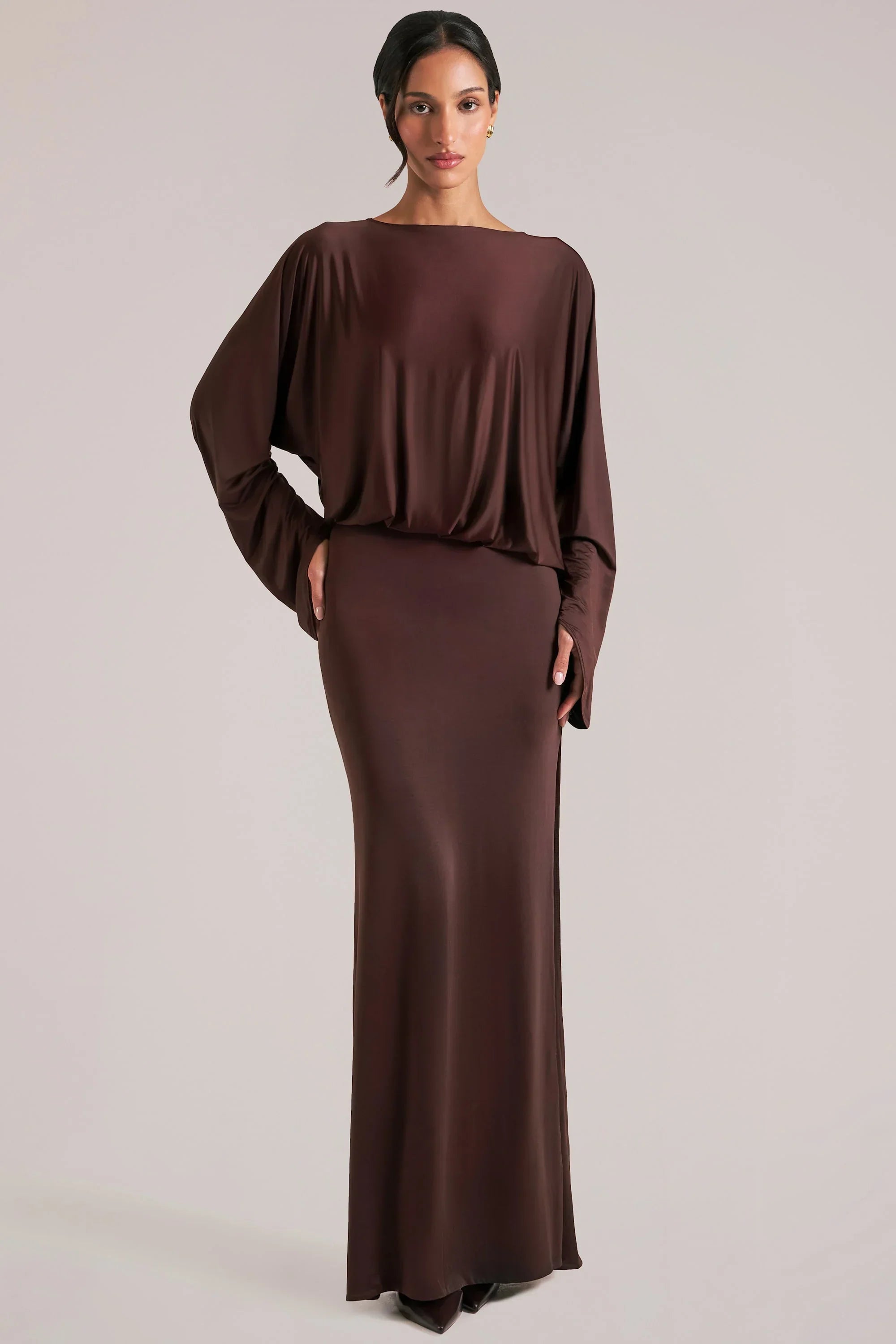 Long Sleeve Draped Maxi Dress in Chocolate Brown