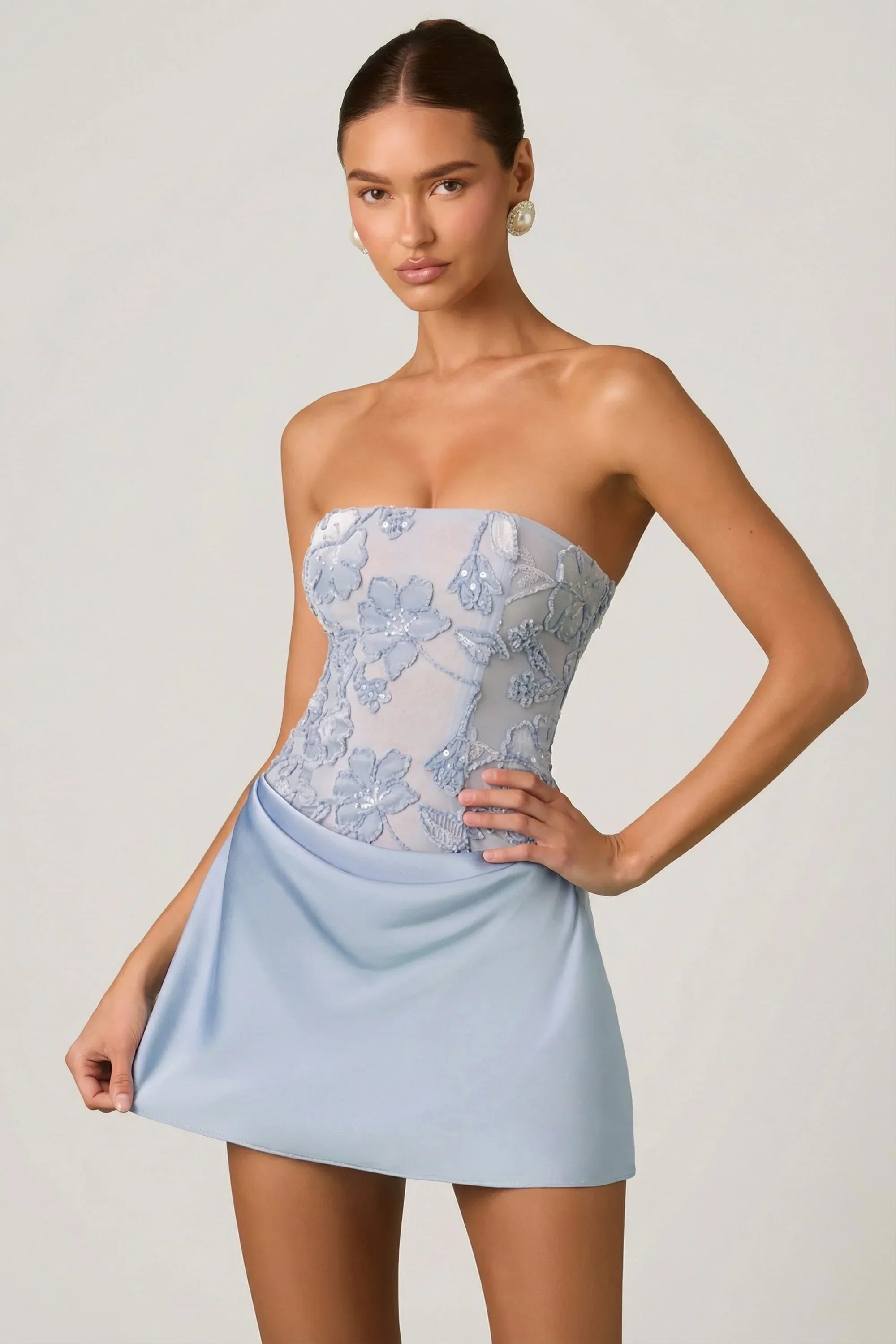 Embellished Draped Strapless A Line Mini Dress in Sky Blue