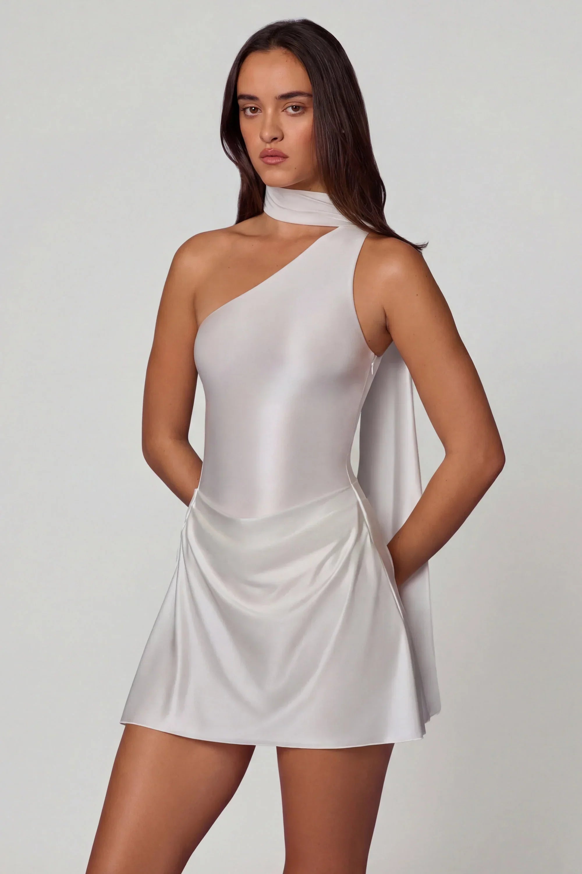Asymmetric Scarf Detail Mini Dress in White