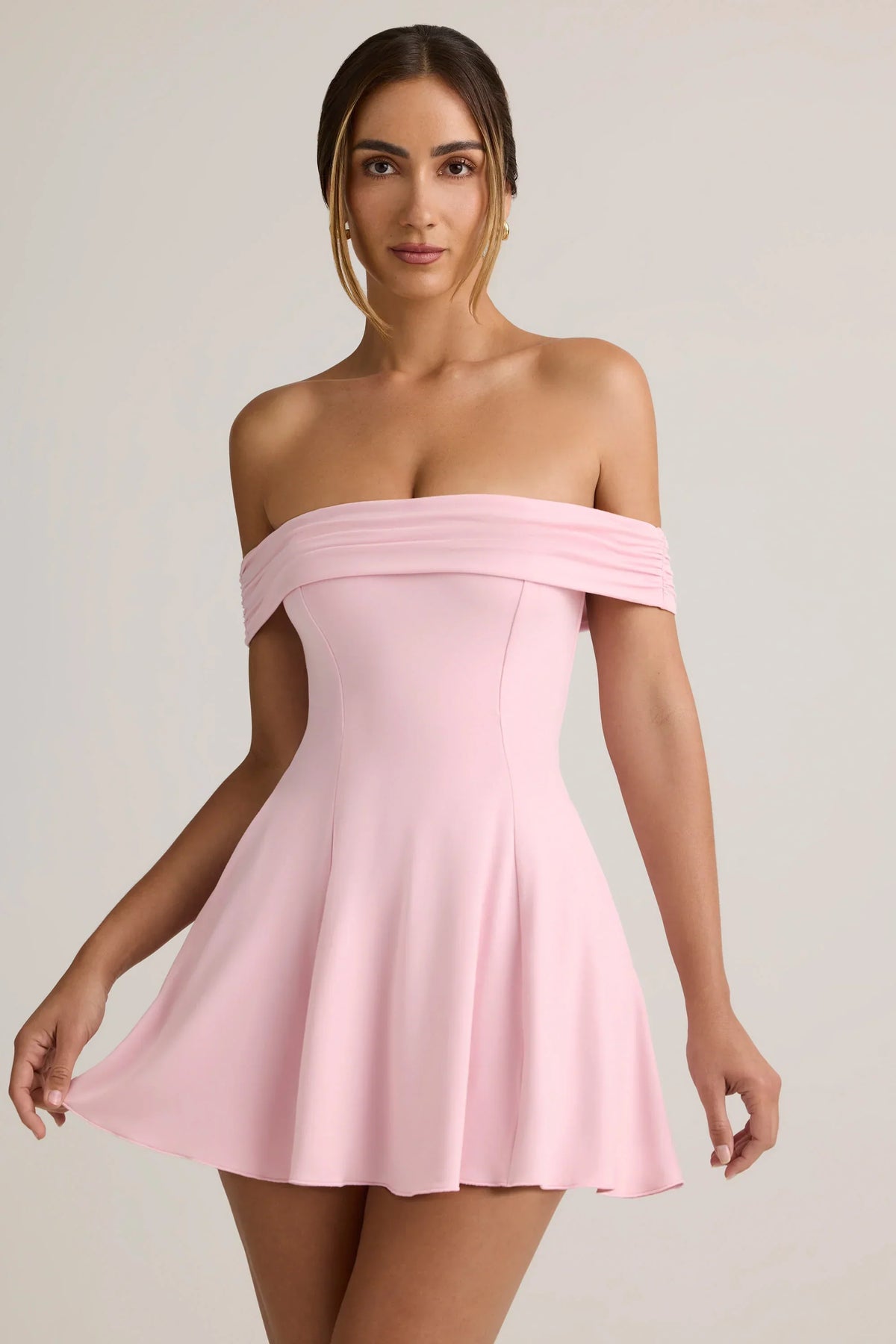 Modal Off Shoulder A Line Mini Dress in Baby Pink
