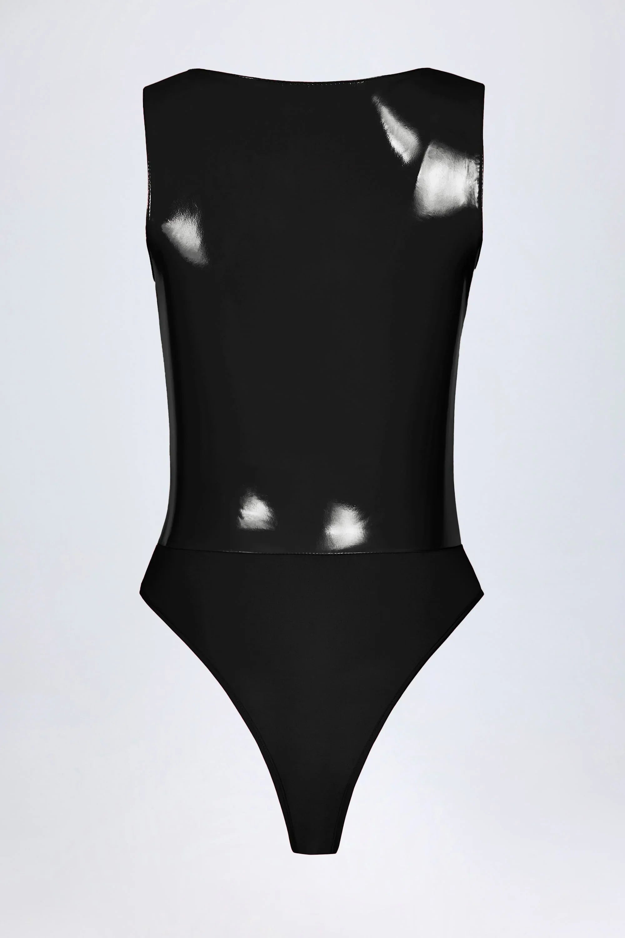 Glossy Vinyl Plunge Neck Bodysuit in Black
