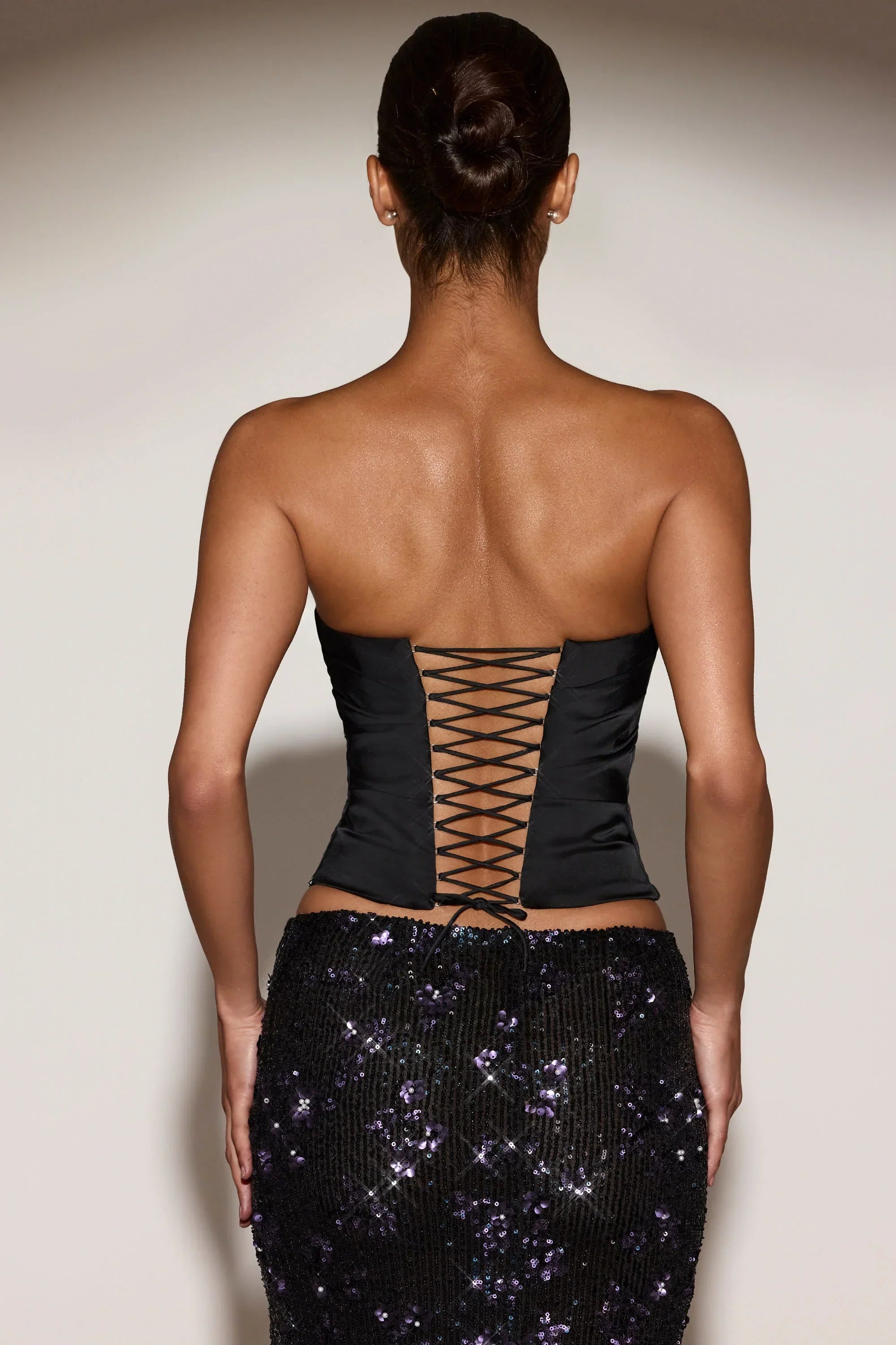 Satin Draped Lace Up Corset Top in Black Purple