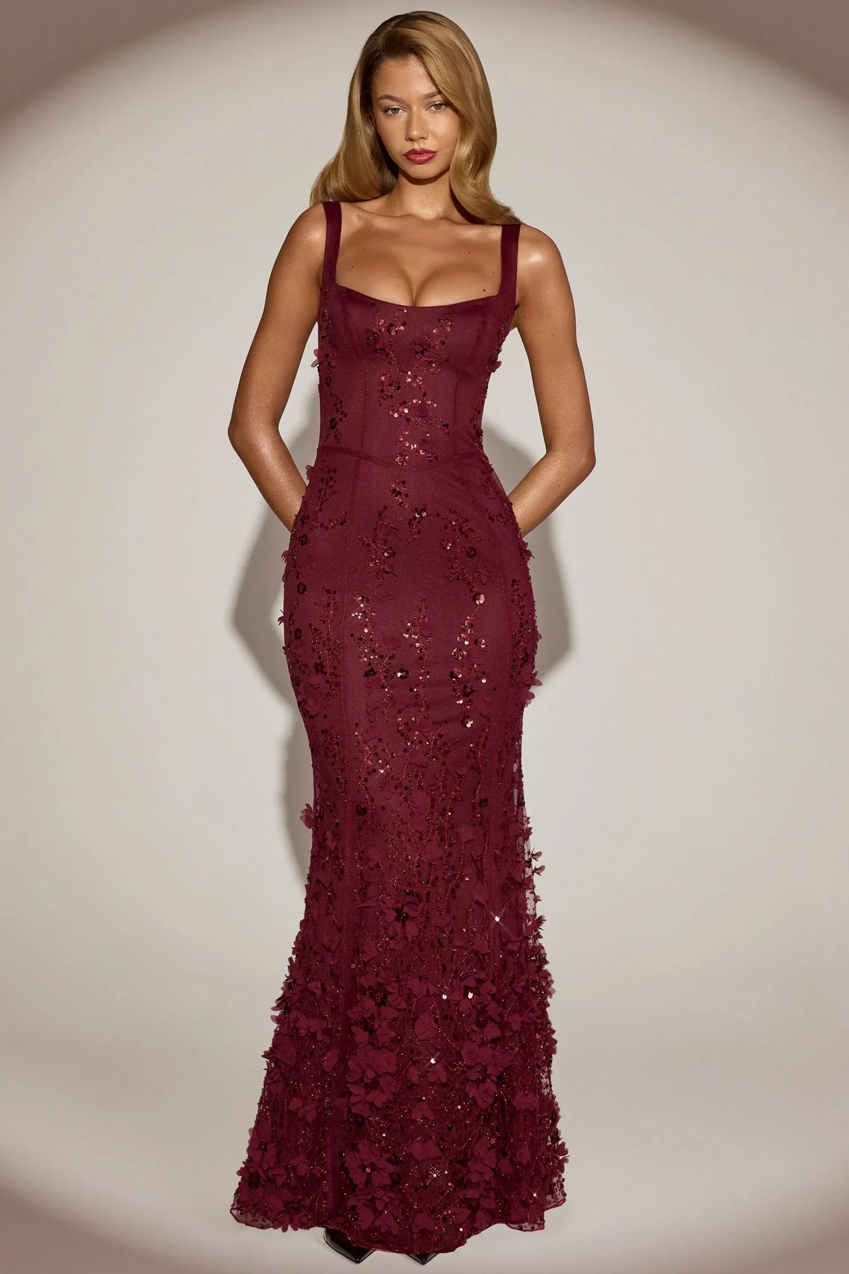 Embellished Appliqué Soft Scoop Corset Gown in Wine Red