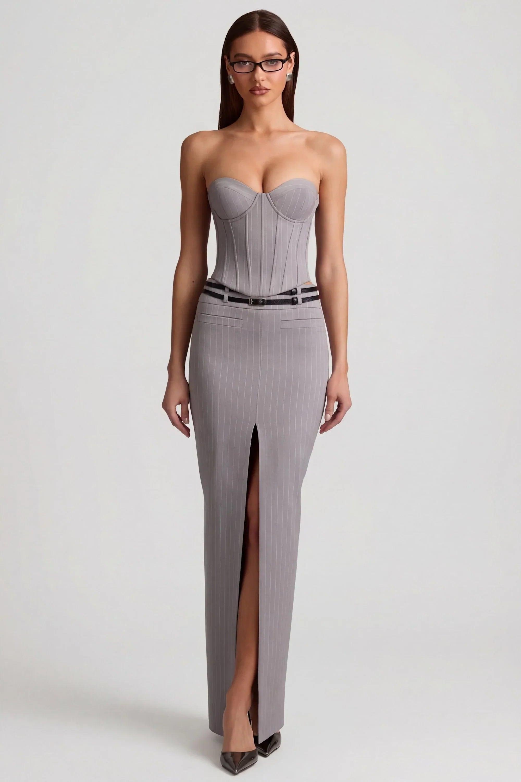 Pinstripe Low Rise Maxi Skirt in Grey