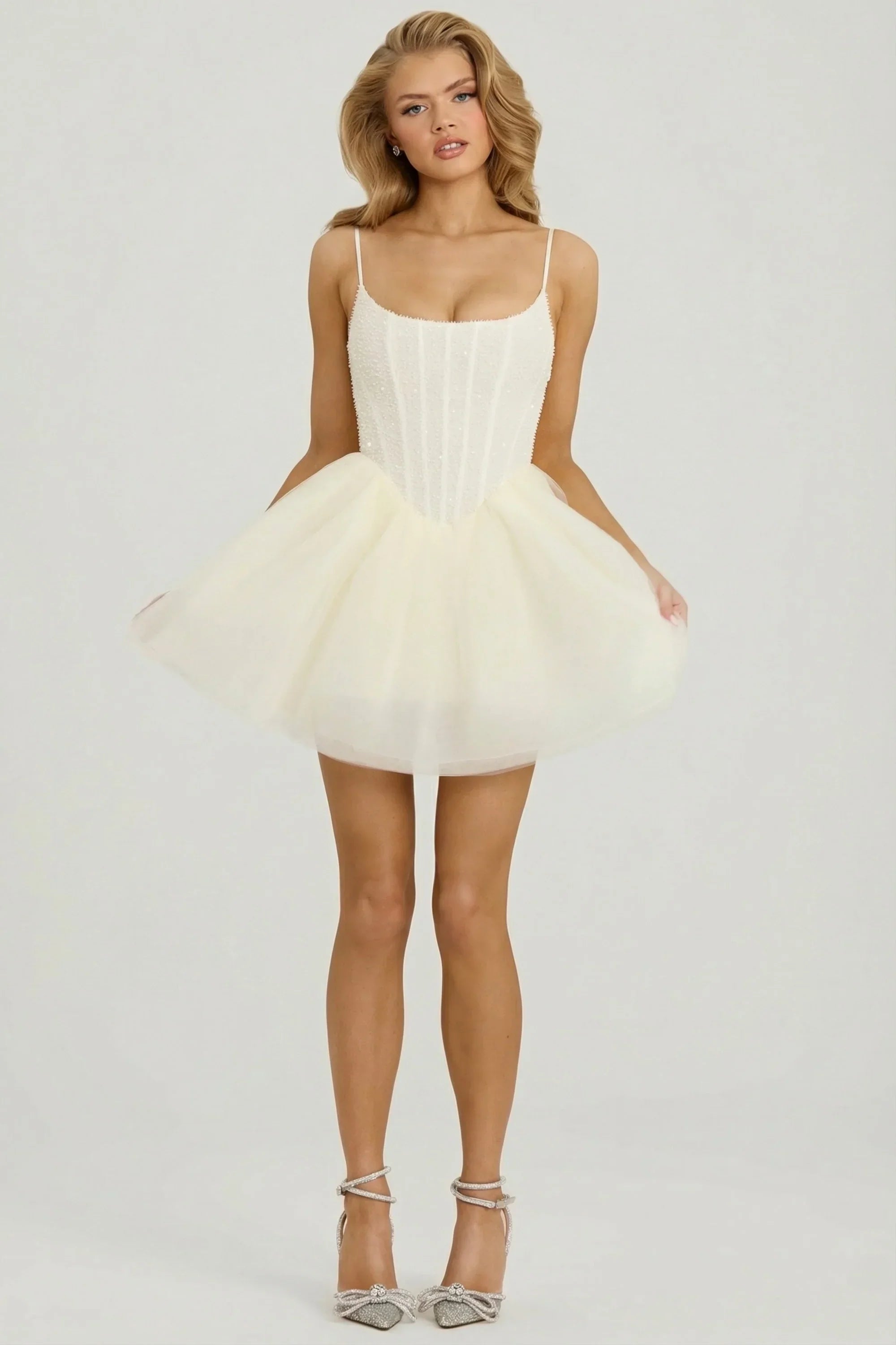Embellished Corset Tulle Skirt Mini Dress in White