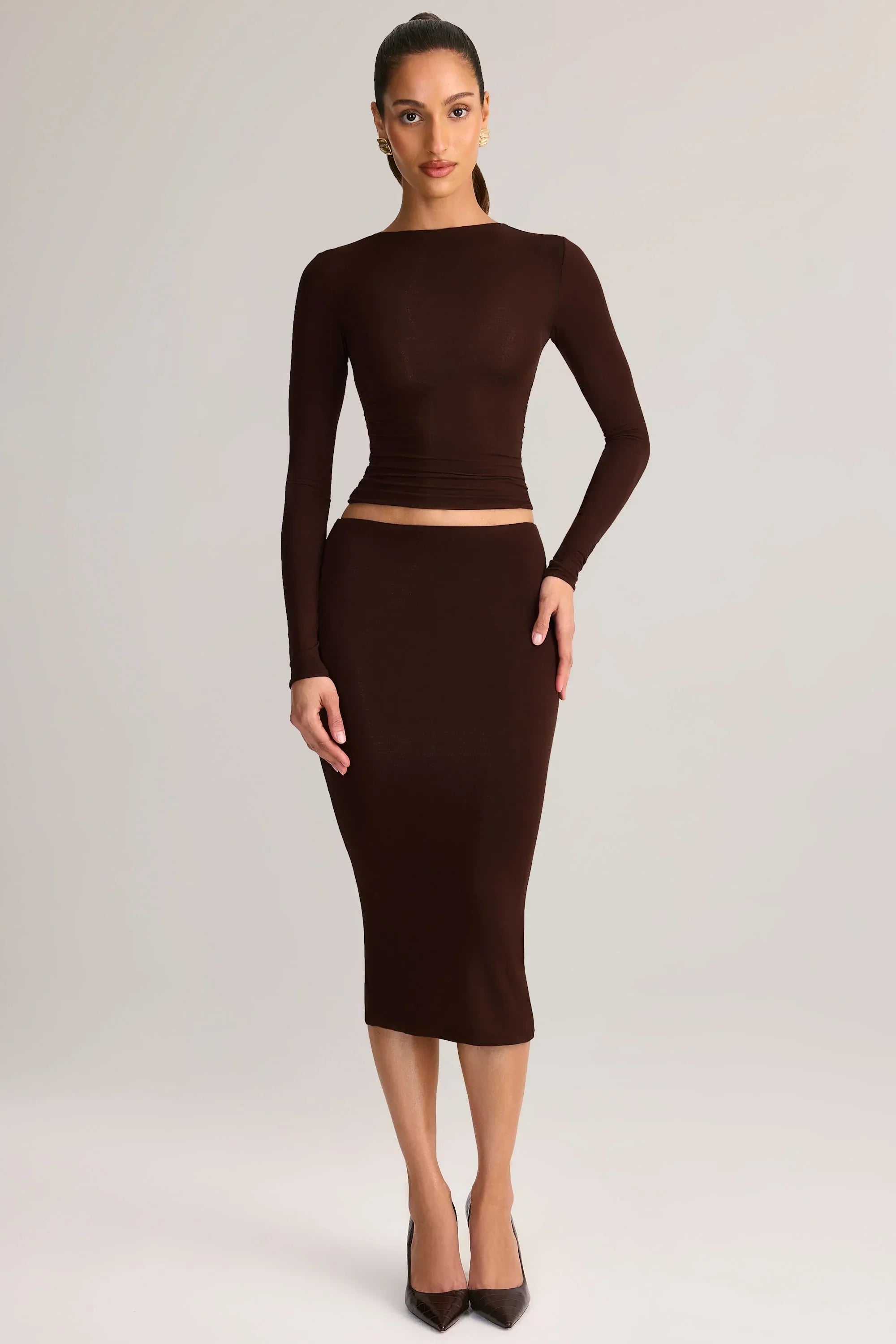 Modal Mid Rise Pencil Midi Skirt in Chocolate Brown