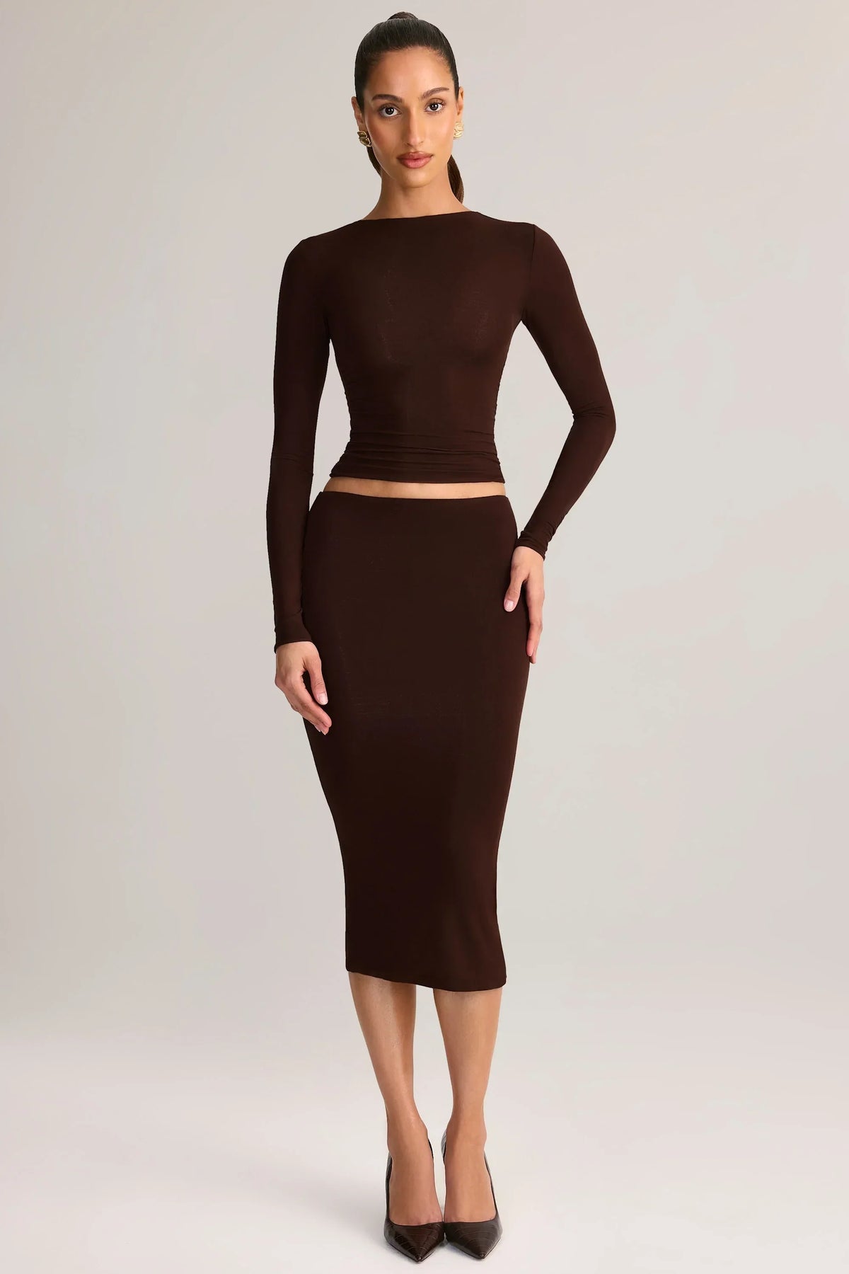Modal Mid Rise Pencil Midi Skirt in Chocolate Brown