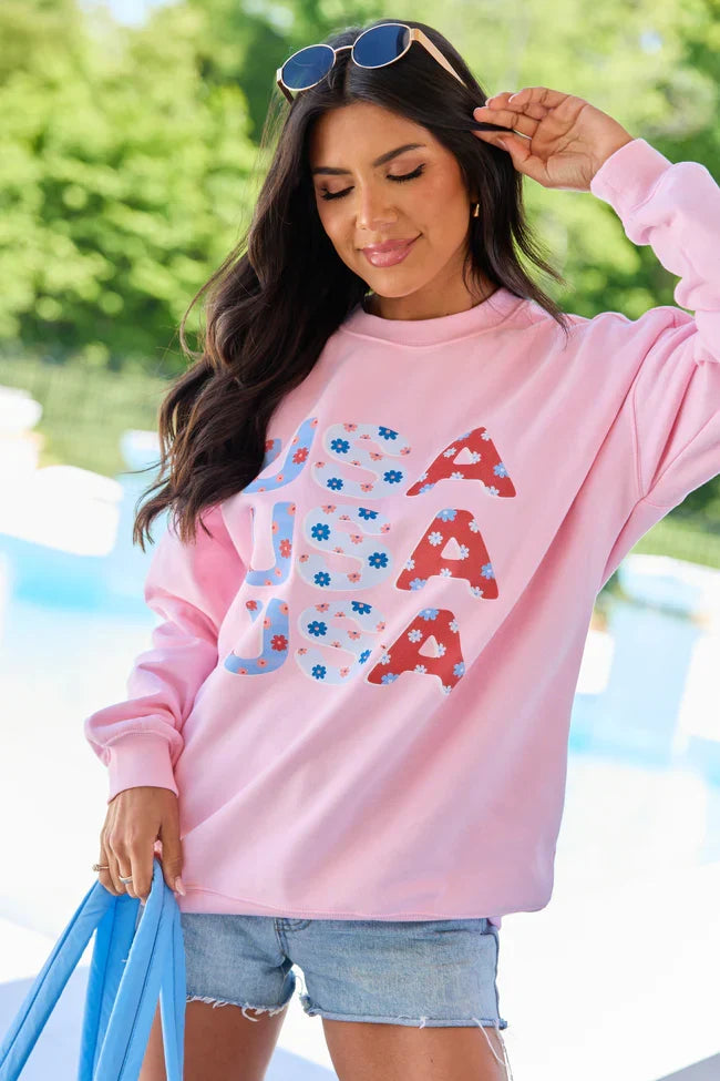 USA Floral Light Pink Oversized Graphic Sweatshirt