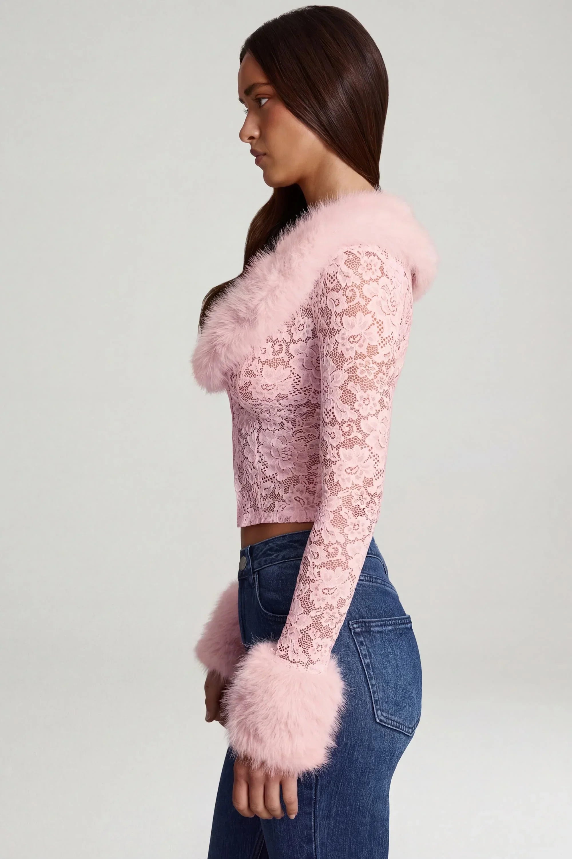 Sheer Lace Faux Fur Trim Cardigan in Pink