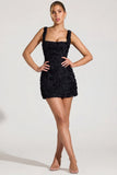 Floral Appliqué Square Neck Corset Mini Dress in Black