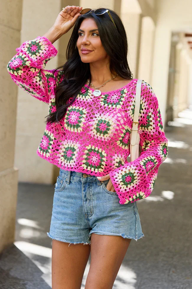 Annabelle Pink And Green Crochet Sweater