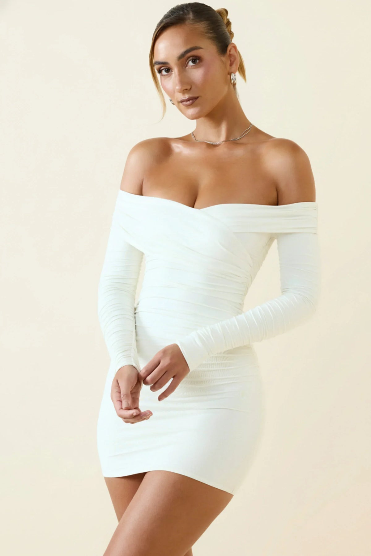 Off Shoulder Ruched Bodycon Mini Dress in Vanilla