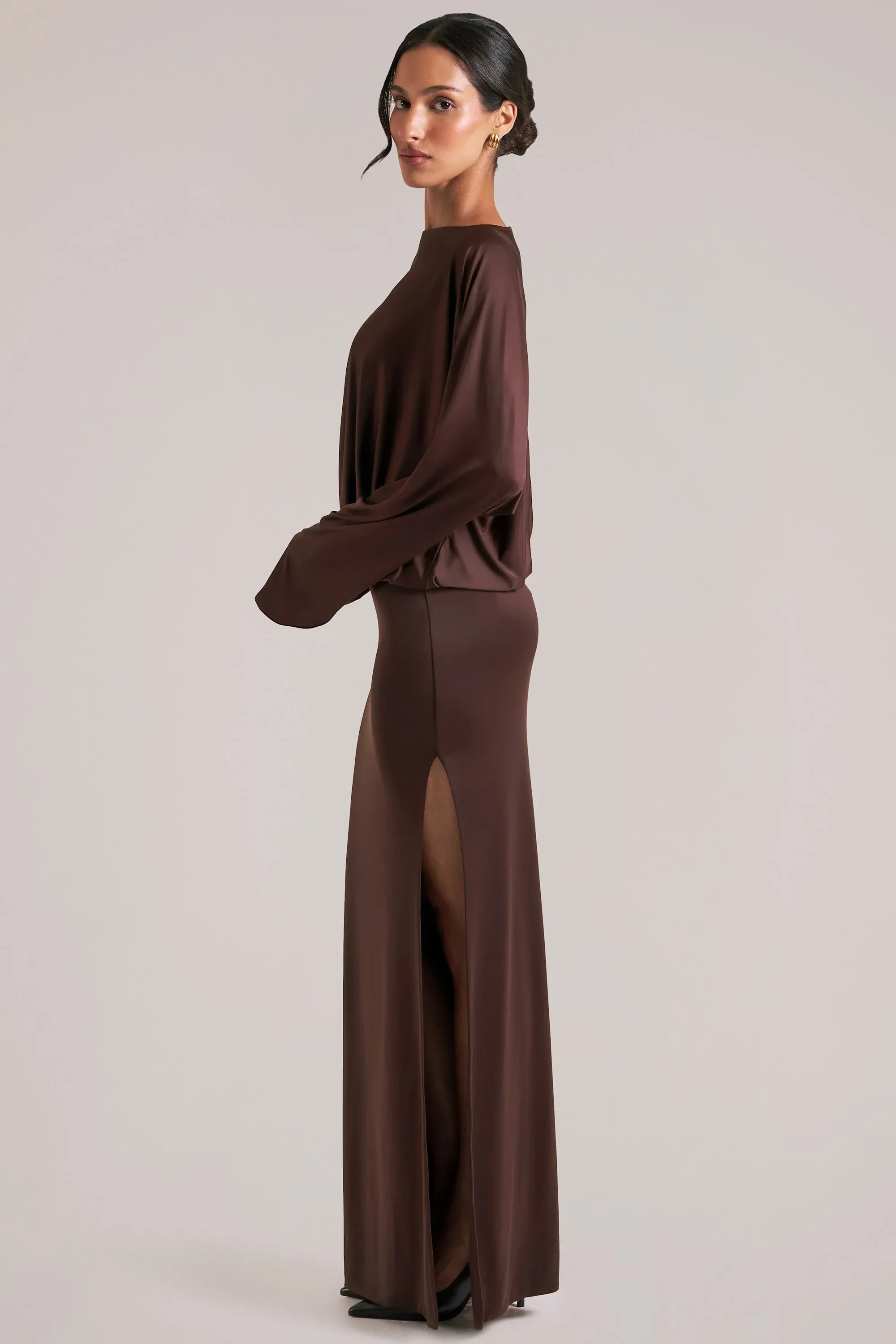 Long Sleeve Draped Maxi Dress in Chocolate Brown