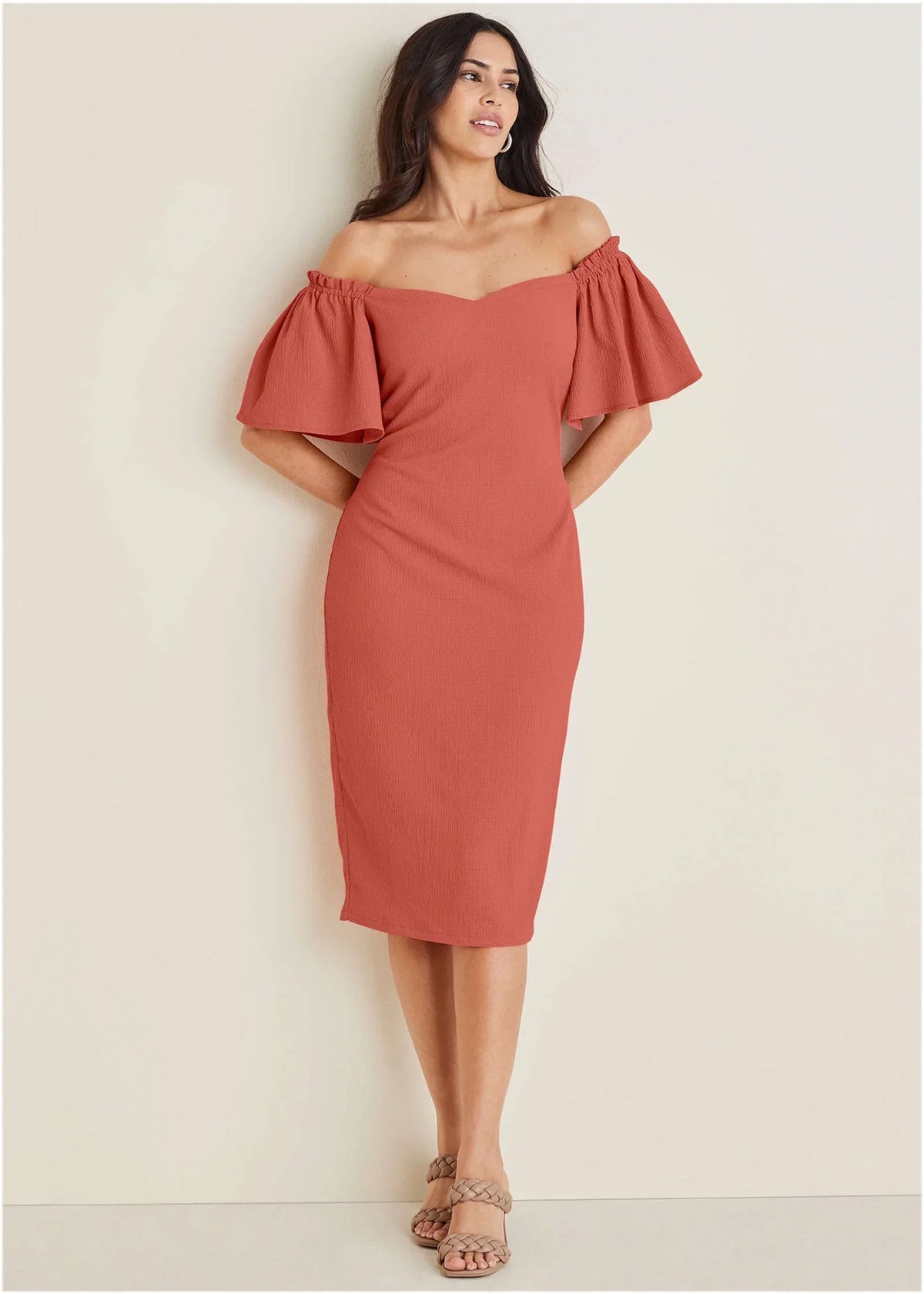 Fluted Satin Midi Dress Burnt Orange