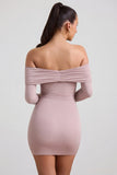 Modal Cashmere Blend Off Shoulder Ruched Mini Dress in Taupe
