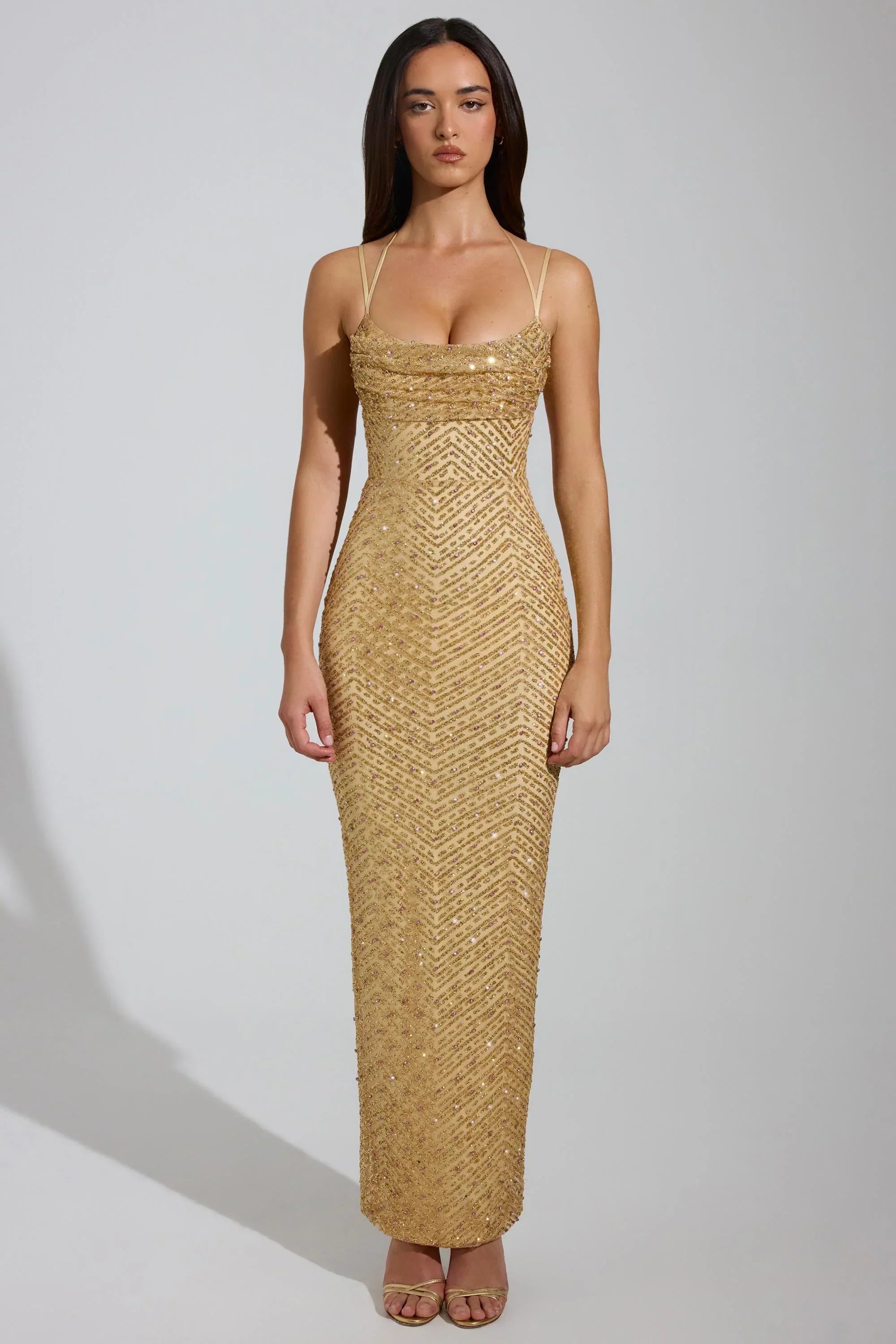 Embellished Cowl Neck Maxi Dress in Gold