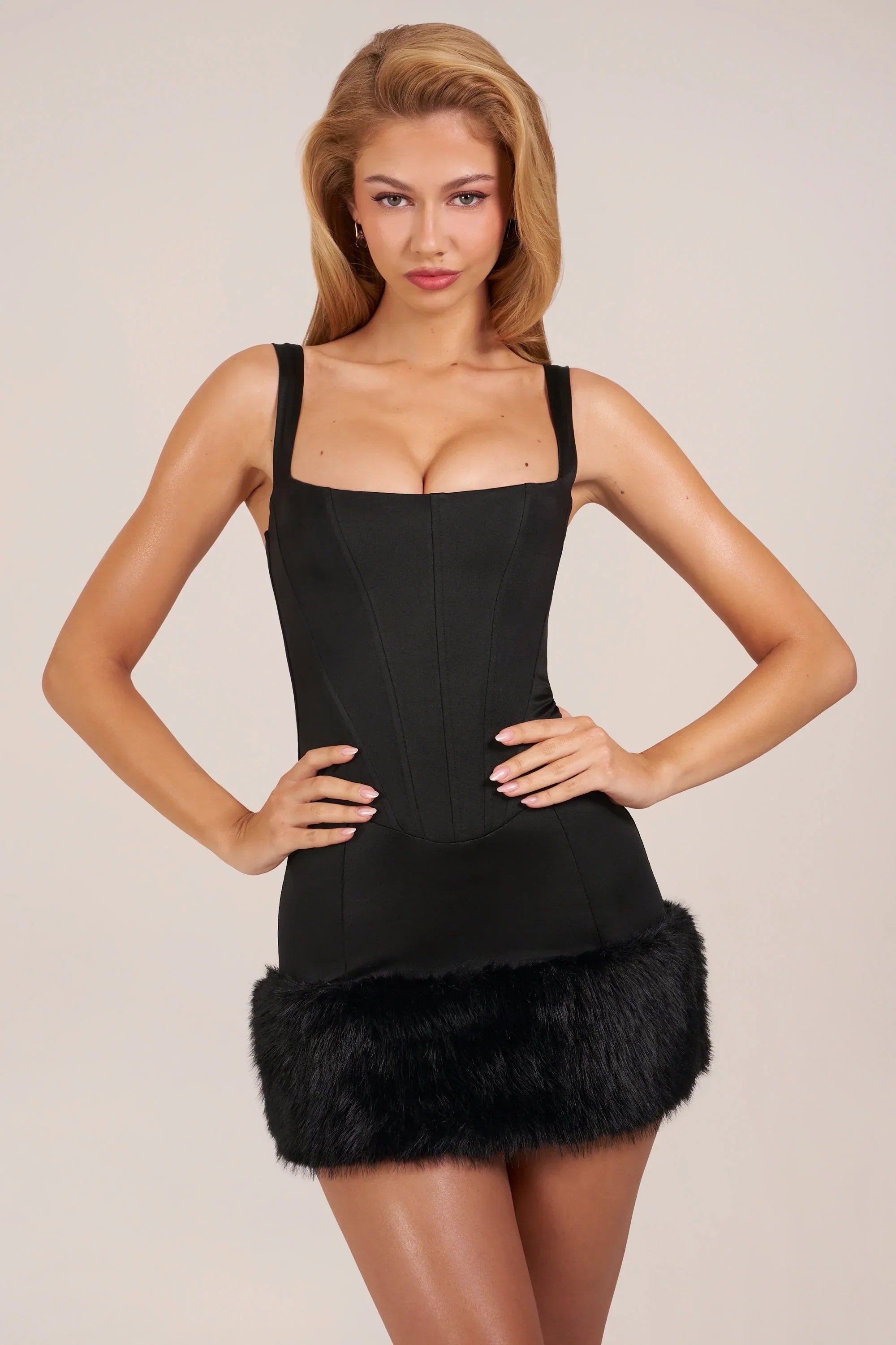 Satin Square Neck Corset Faux Fur Mini Dress in Black