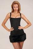 Satin Square Neck Corset Faux Fur Mini Dress in Black