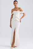 Off Shoulder Ruffle Trim Gown in Ivory