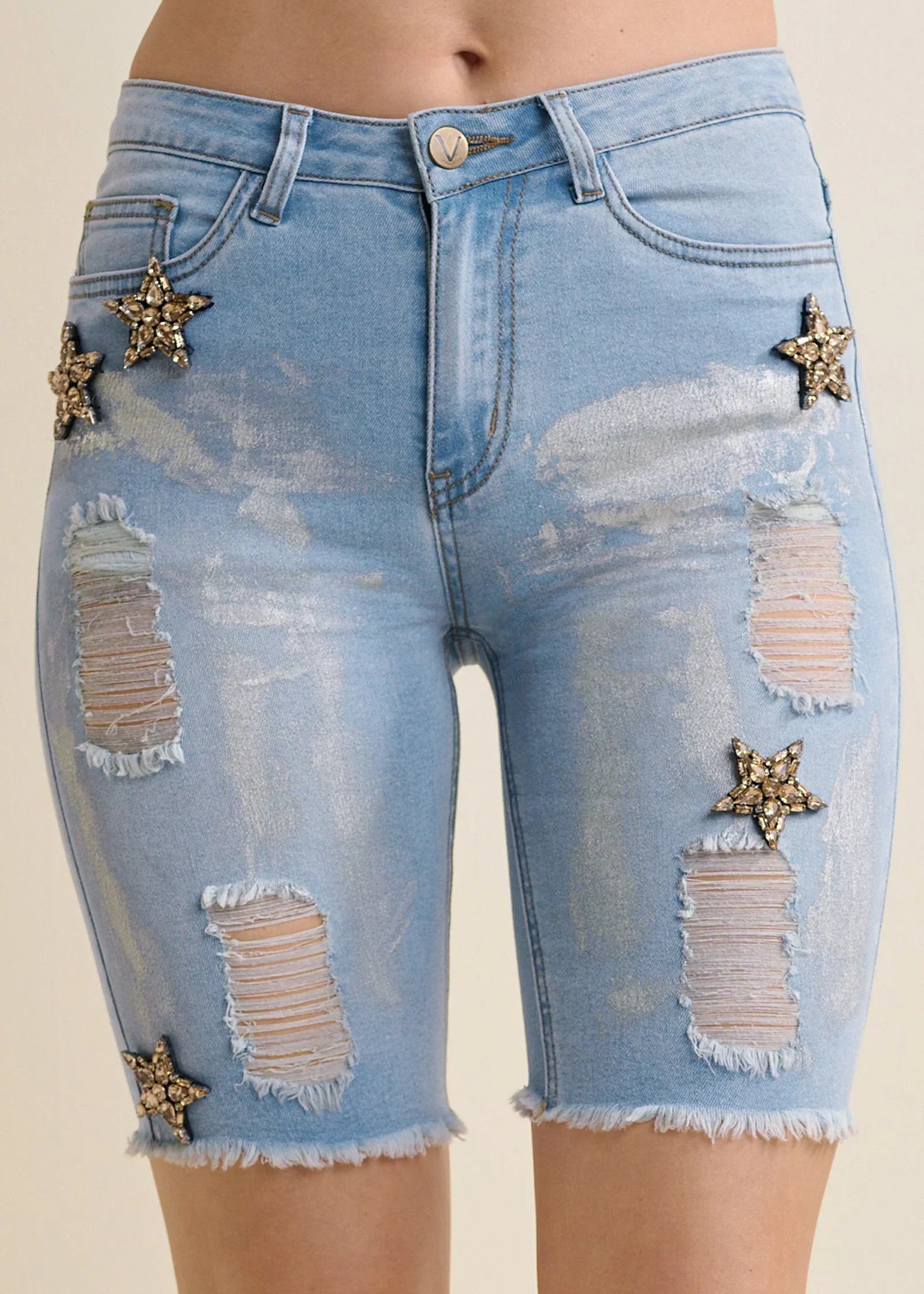Mid Rise Star Shorts Light Wash