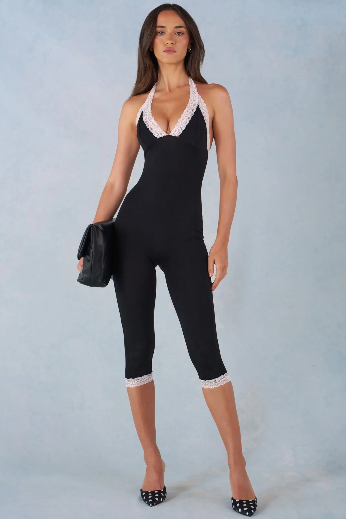 Modal Lace Trim Capri Jumpsuit in Black